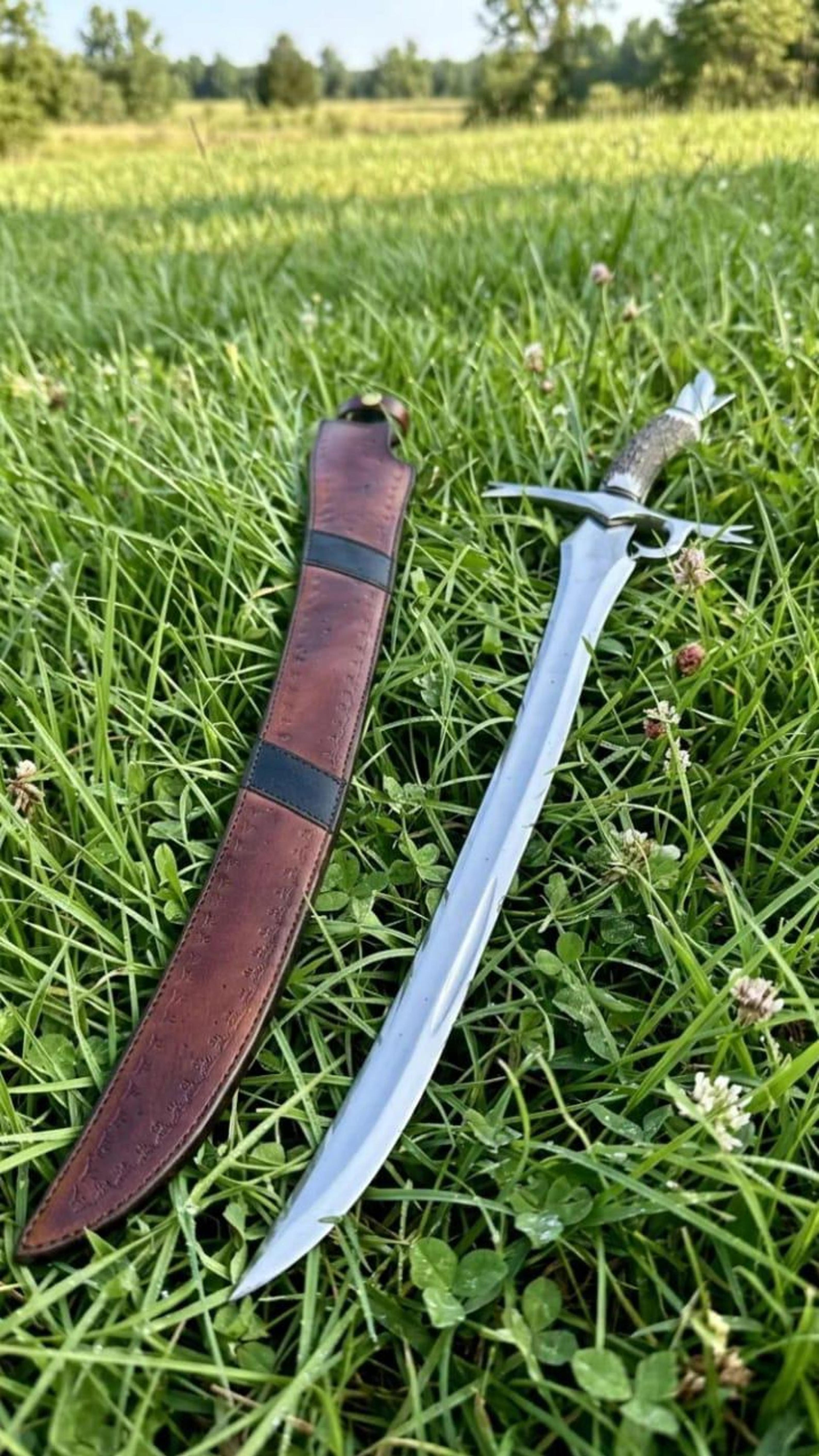 32in fantasy scimitar sword with curved steel blade, sculpted guard & brown leather sheath | handmade display saber
