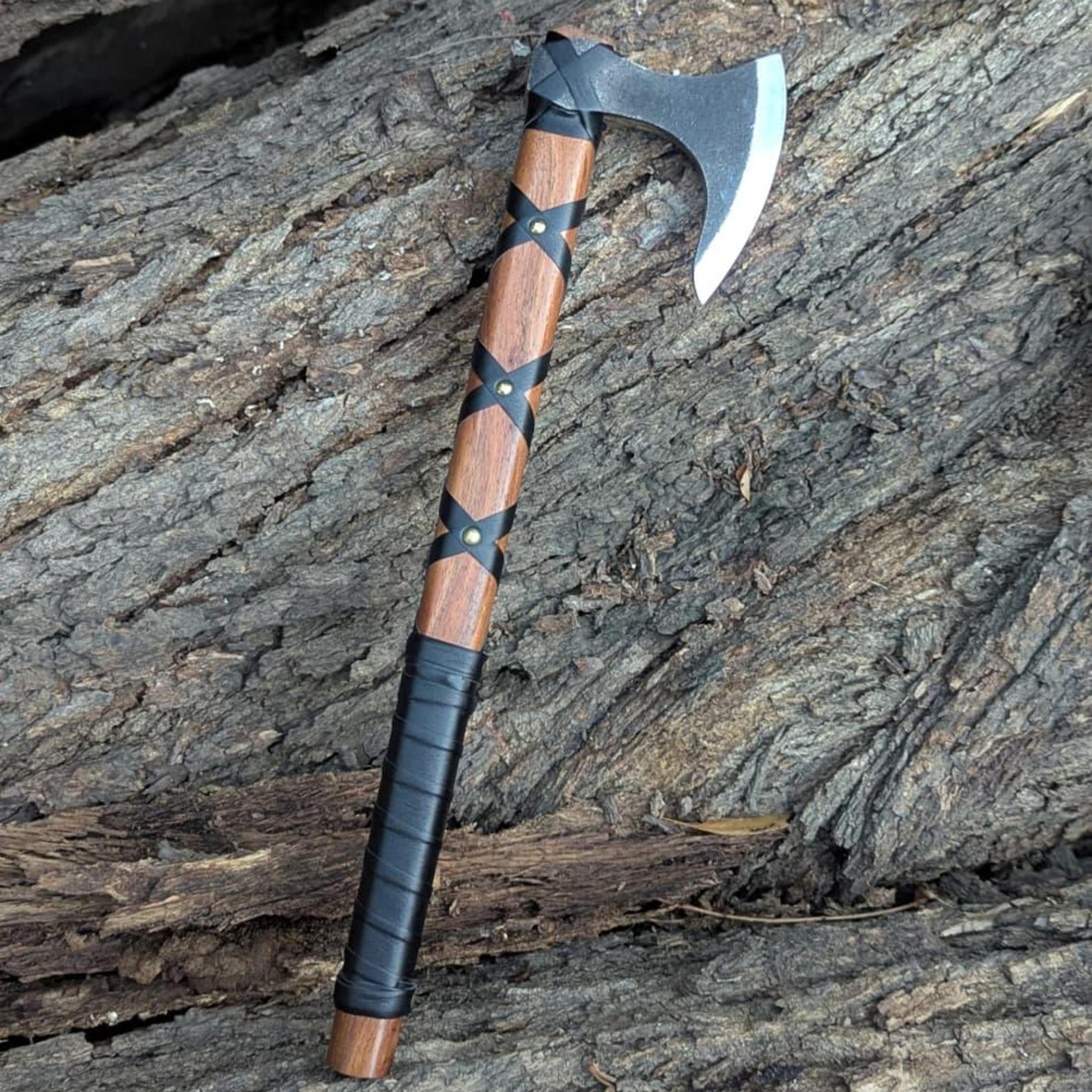 24in viking bearded axe with forged steel head, wood handle & leather wrap | handmade norse display axe