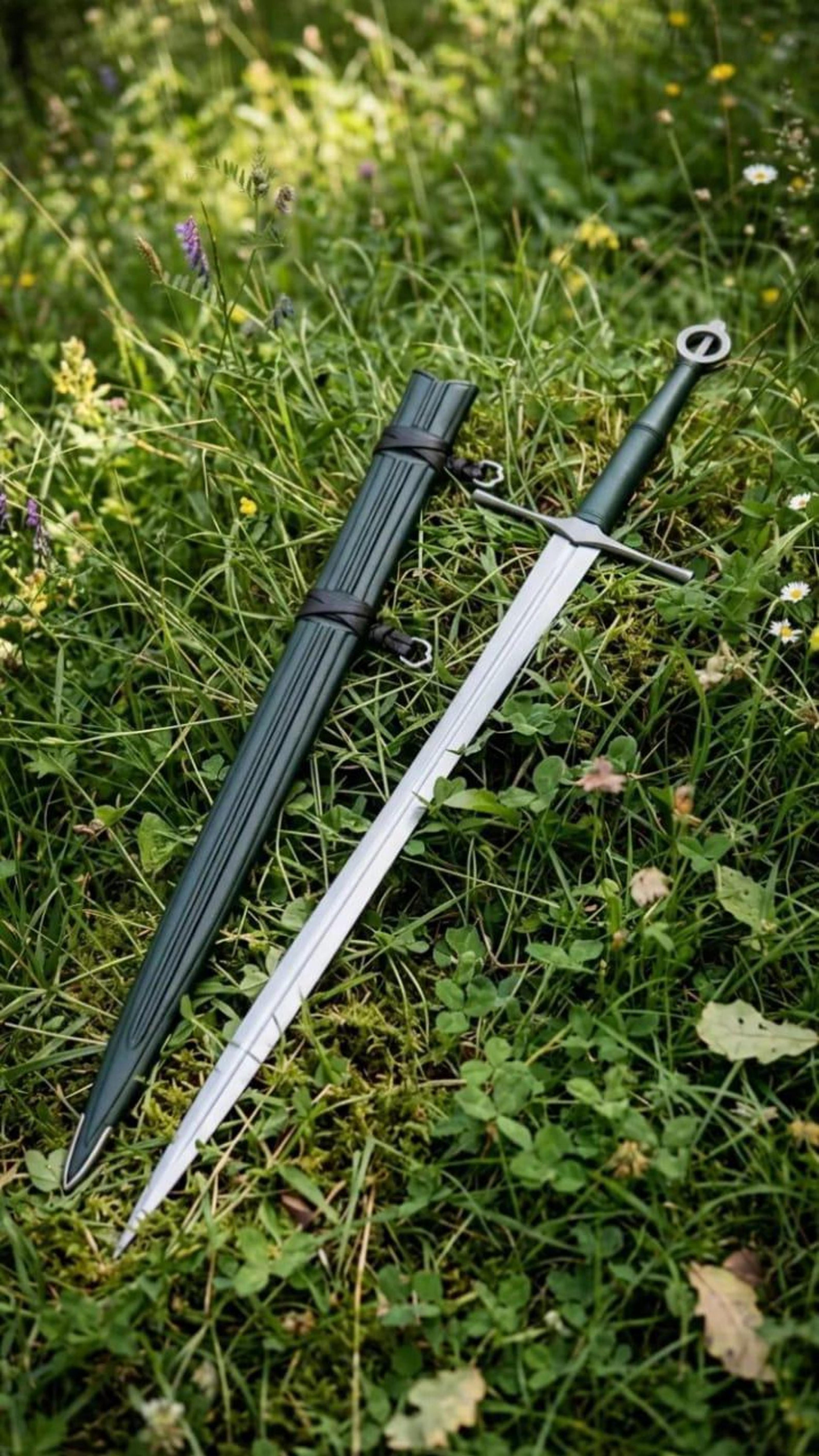 40in black ring-pommel longsword with steel blade & ribbed scabbard | handmade medieval display sword