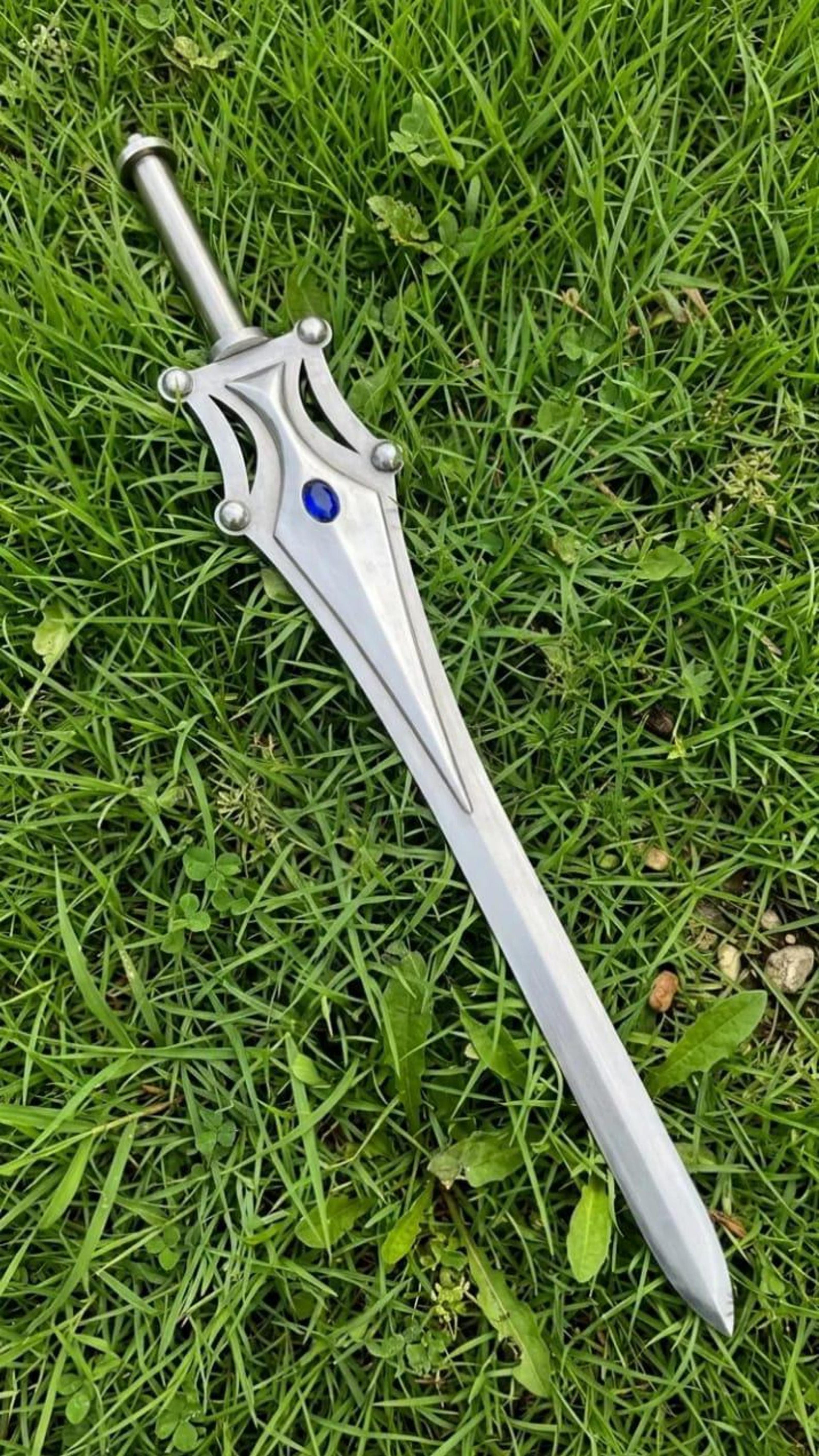 blue gem fantasy longsword 39in silver guard black handle handmade display sword