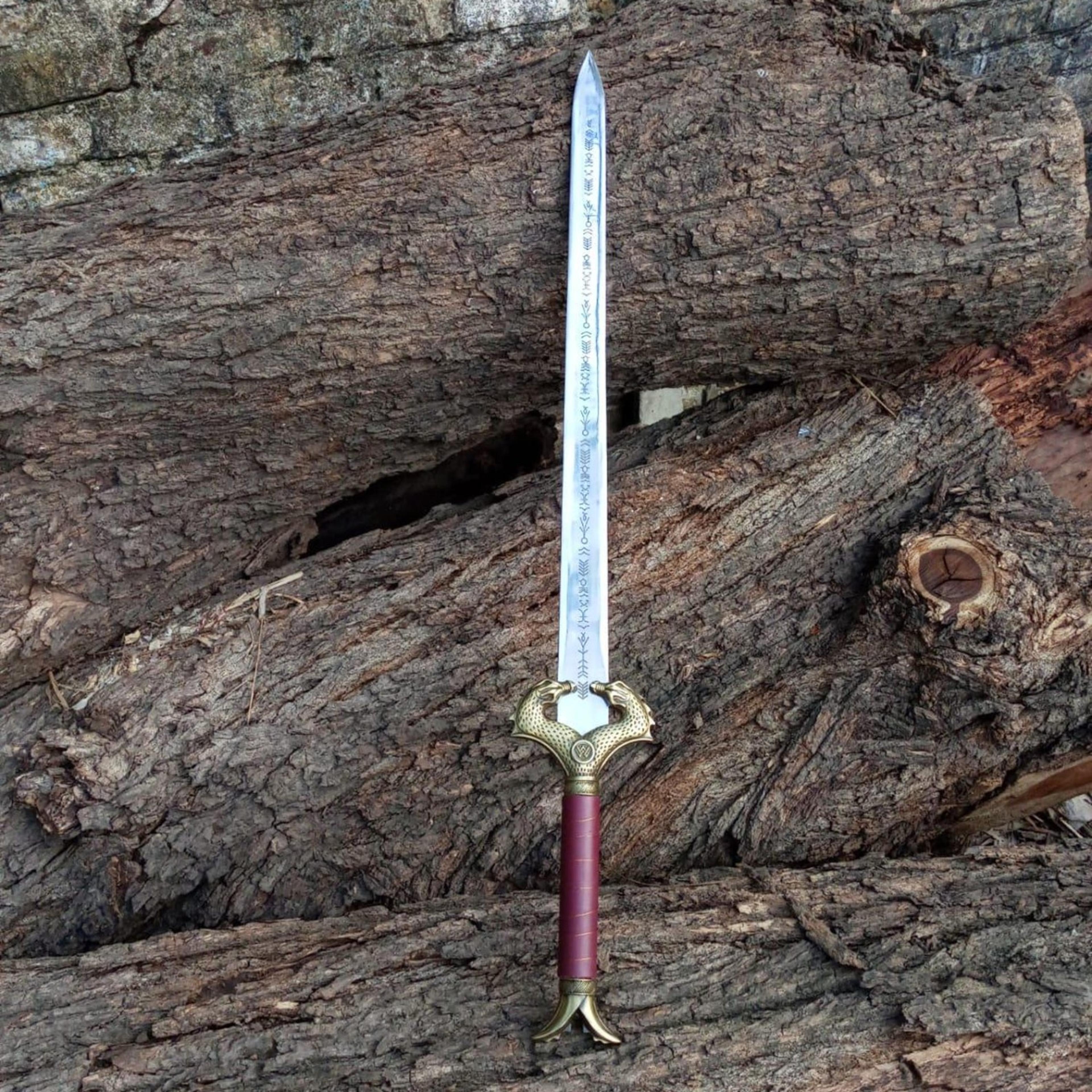 38in handmade runic fantasy sword hand forged steel blade gold wing guard red leather grip