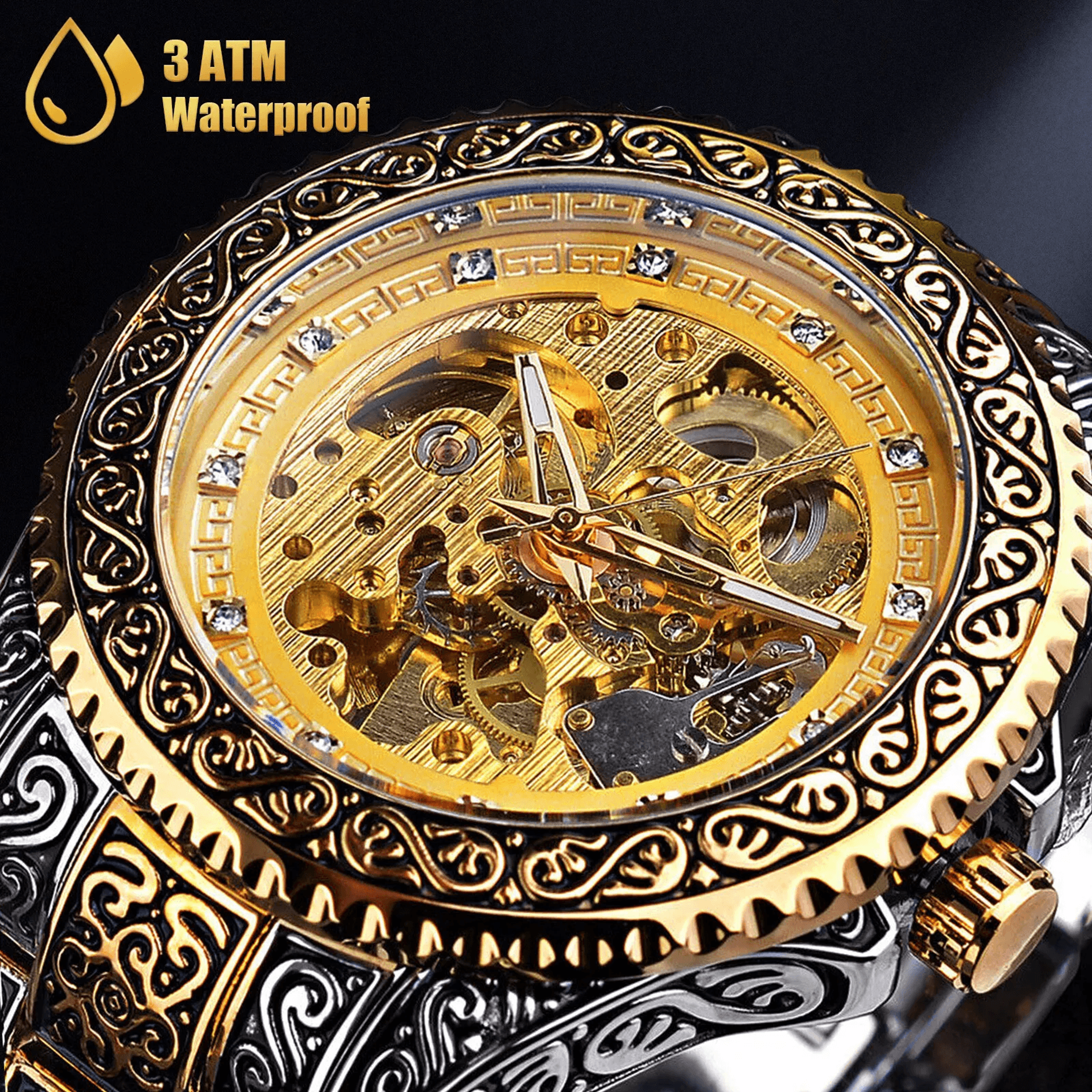 luxury men stainless steel automatic mechanical wrist watch gold skeleton dial, self-winding, waterproof business watch