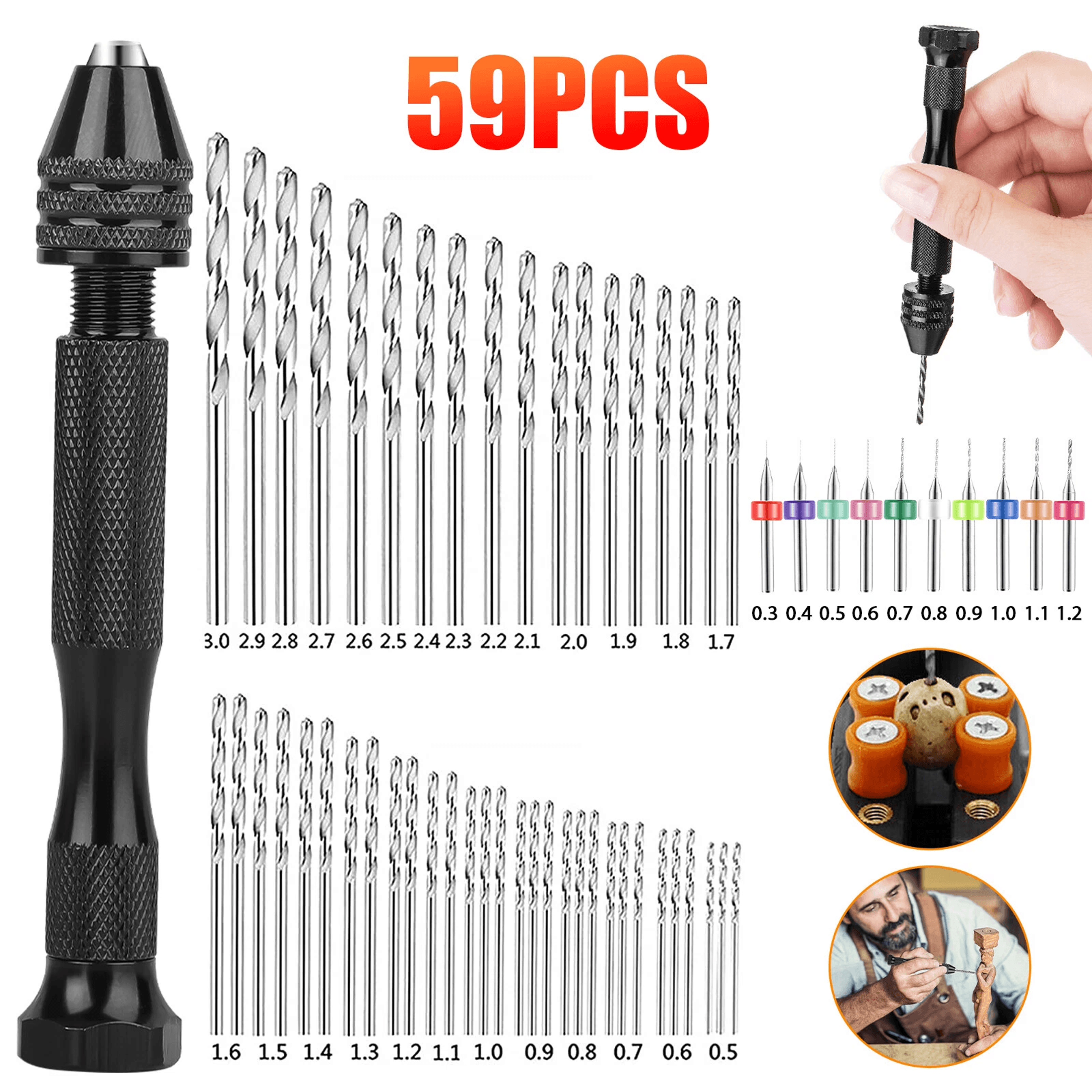 59x mini micro twist drill bit set with pin vise precision rotary hand drill kit for wood, jewelry, pcb, model craft