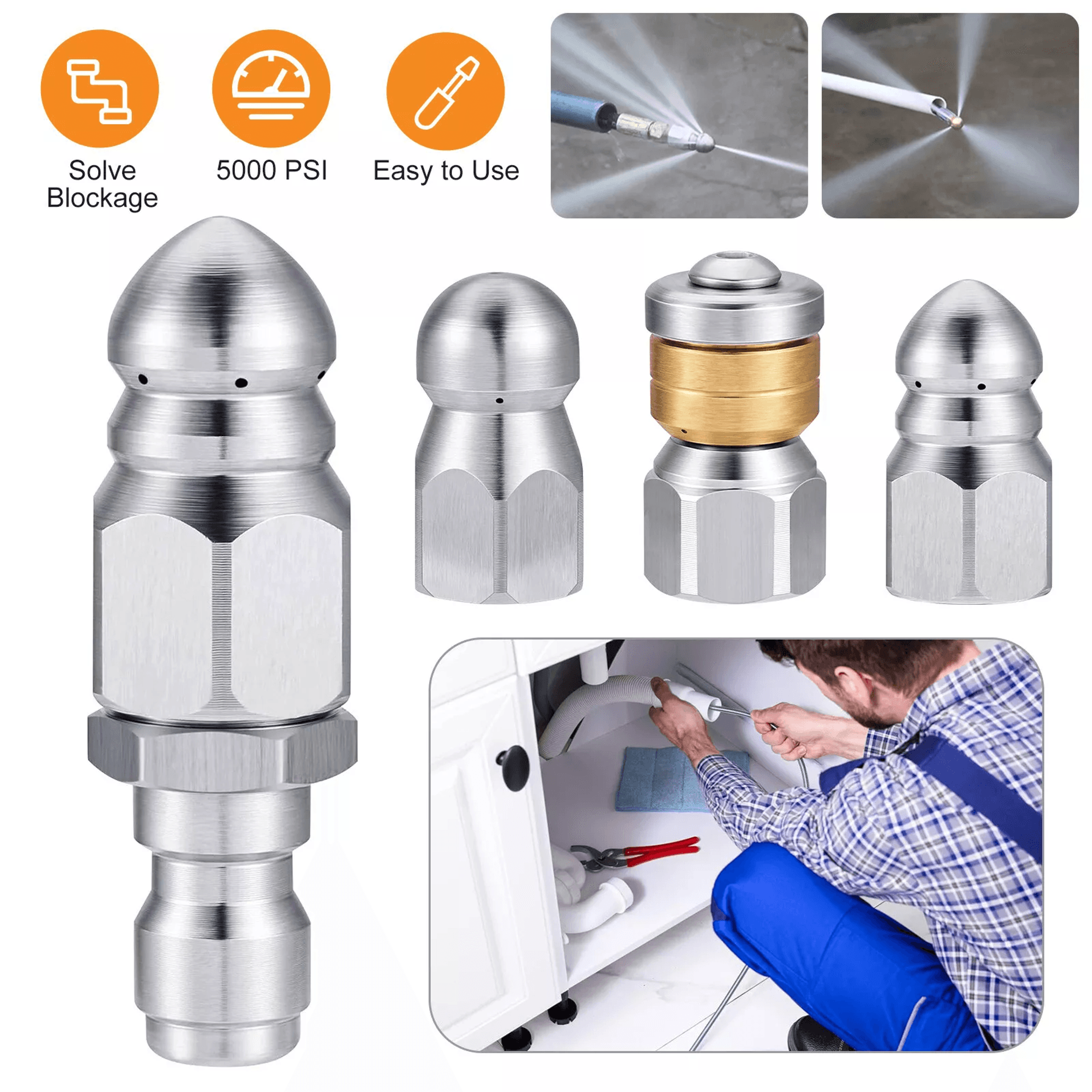 pressure washer sewer jetter nozzles, high-pressure drain cleaning hose nozzle tip set for clogs, pipes & sewer line