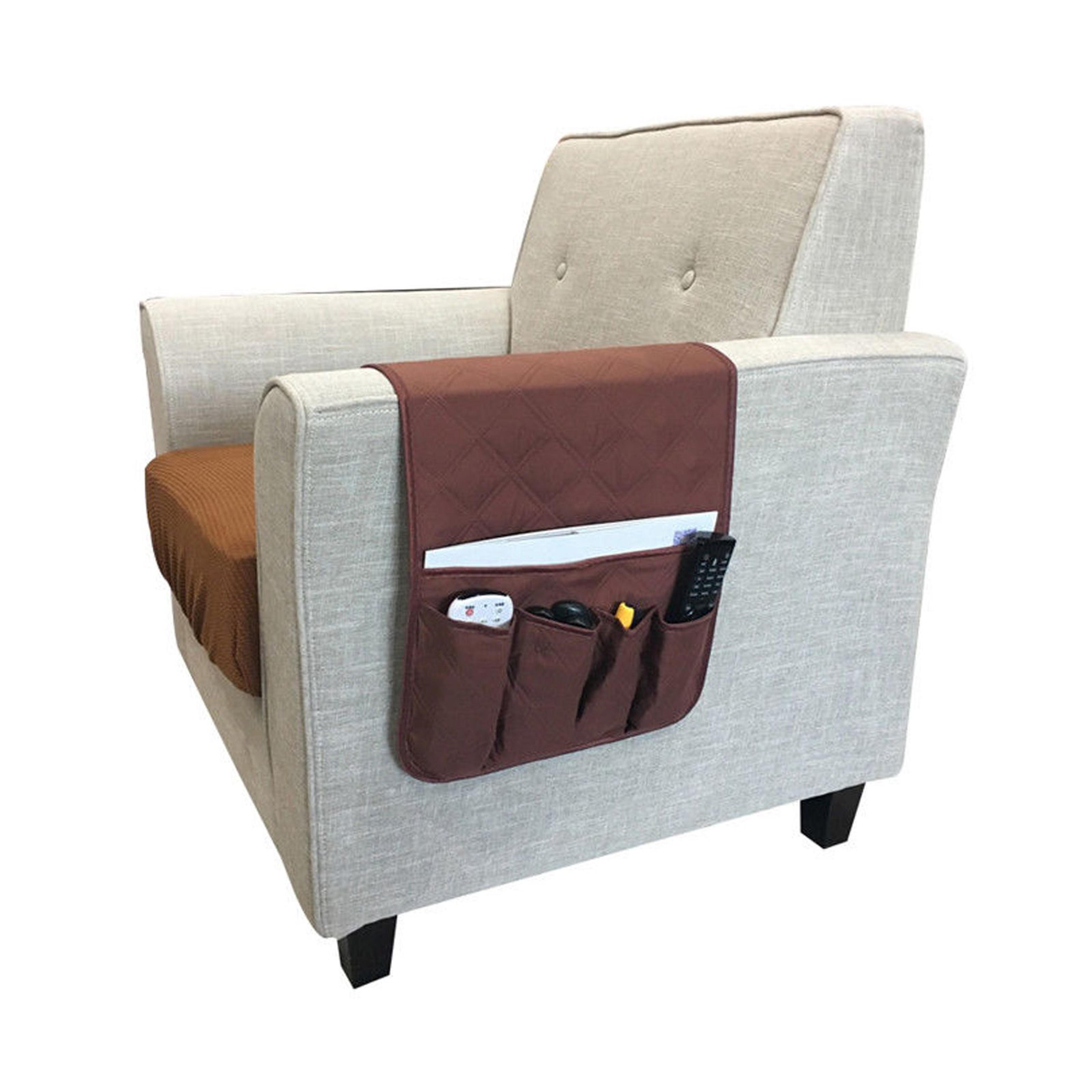 sofa arm rest tv remote control organizer holder, couch chair storage bag with pockets for books, phones, and magazines