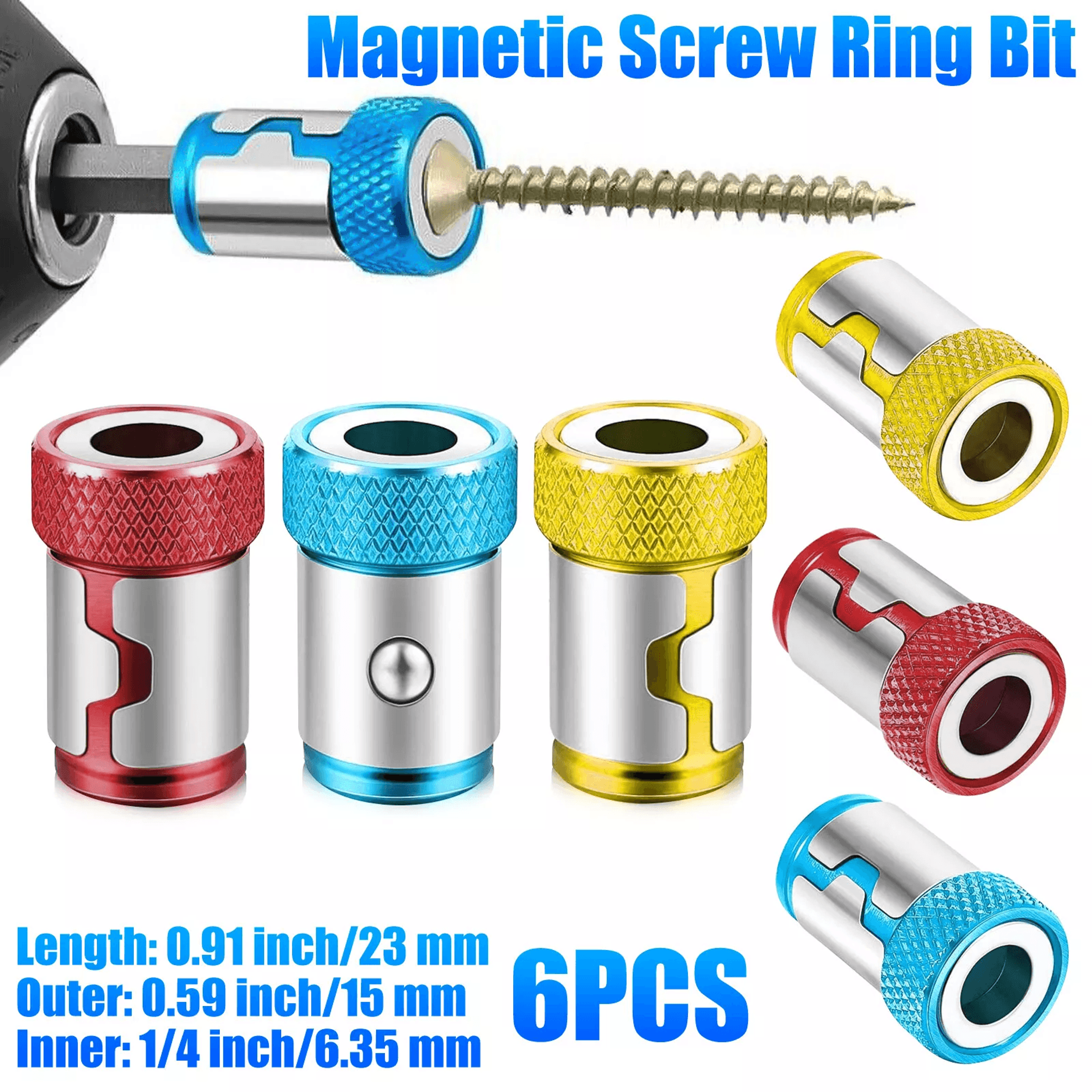 6pcs 1/4 inch screwdriver bits magnetic ring screwlock sleeve aluminum alloy batch head holder for drill bit tip grip