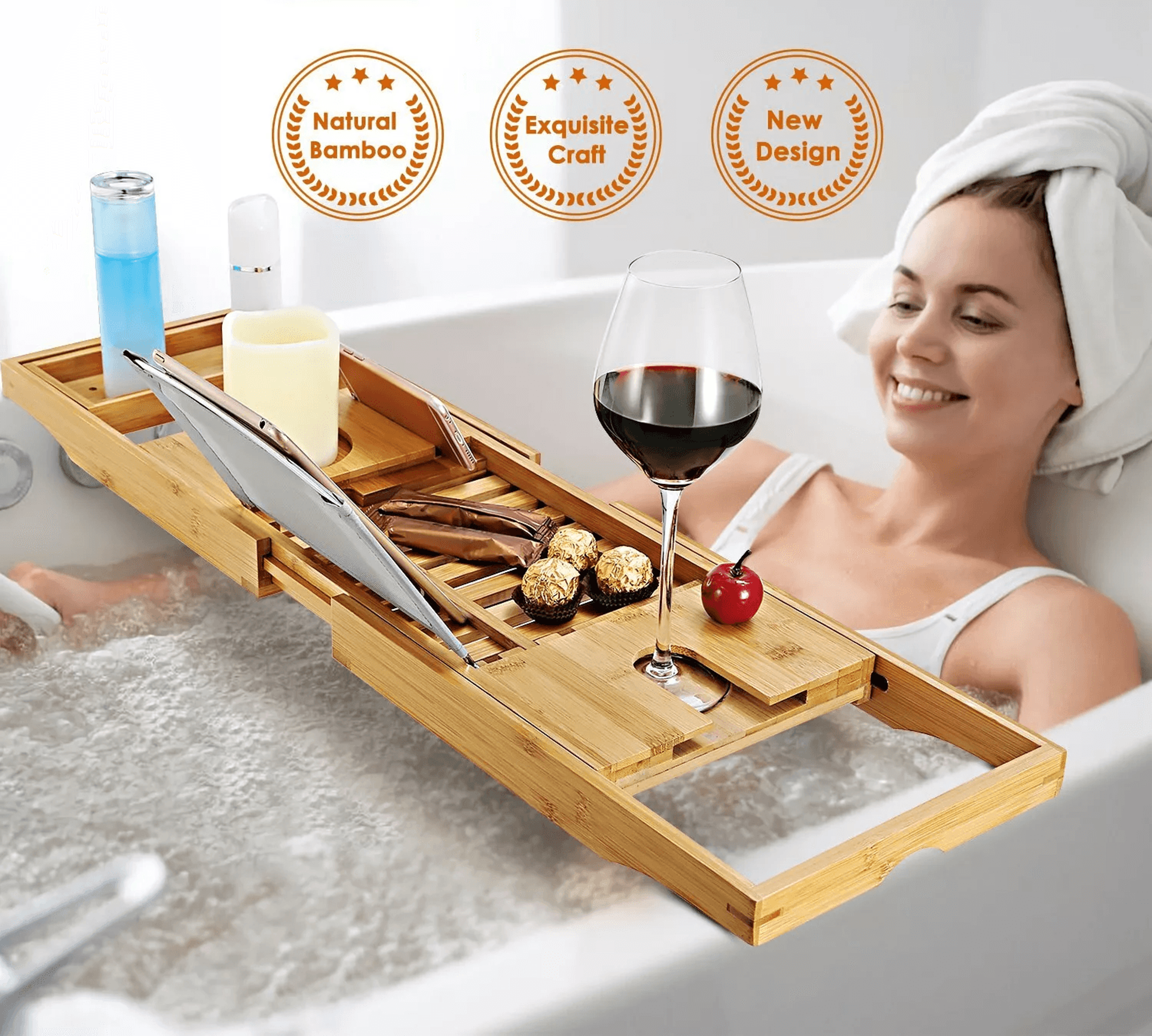 bamboo bath tray table bathtub caddy tray, adjustable over the tub shelf bath holder desk with wine, book, & phone slot