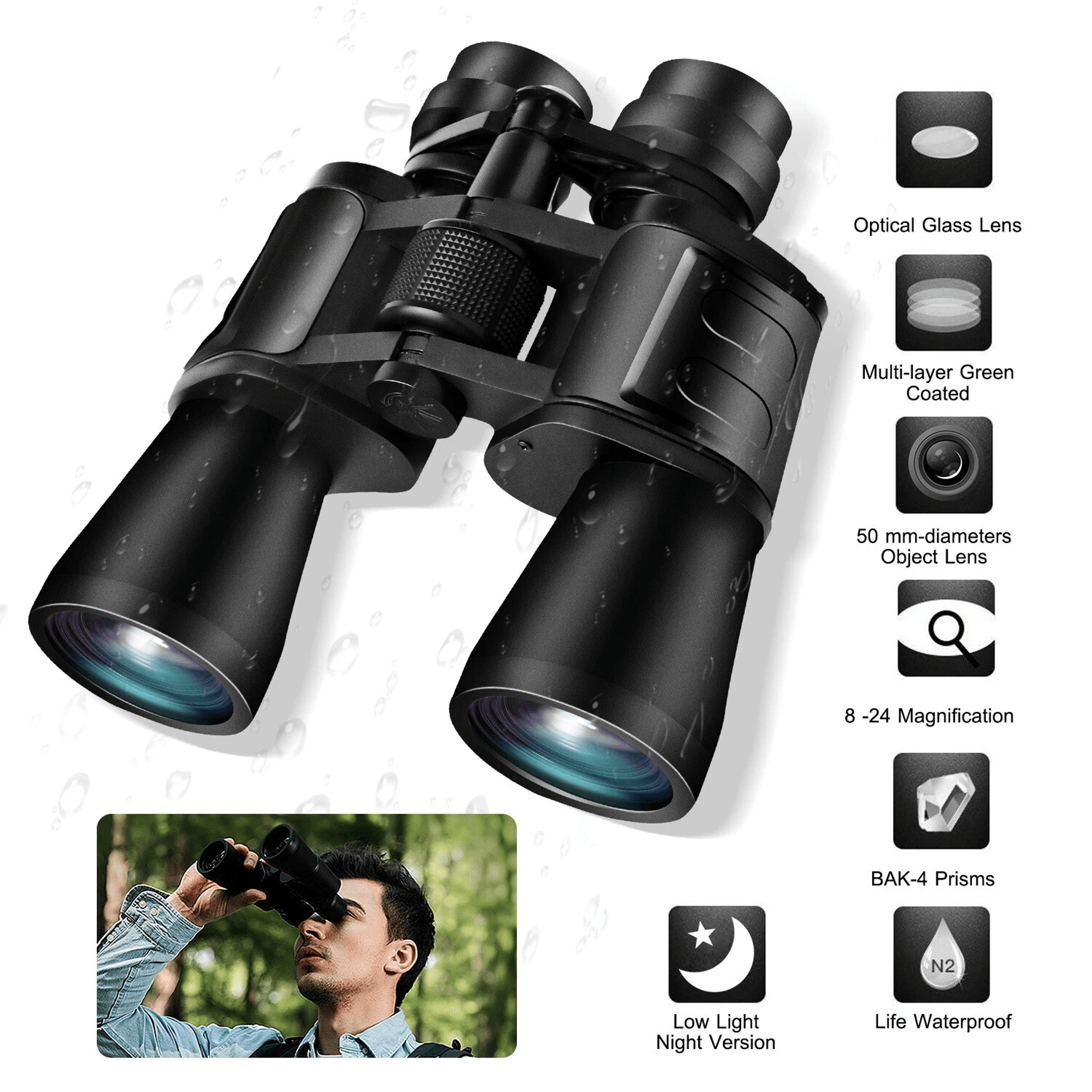 zoom hd binoculars, day & low night vision hunting telescope + carrying case