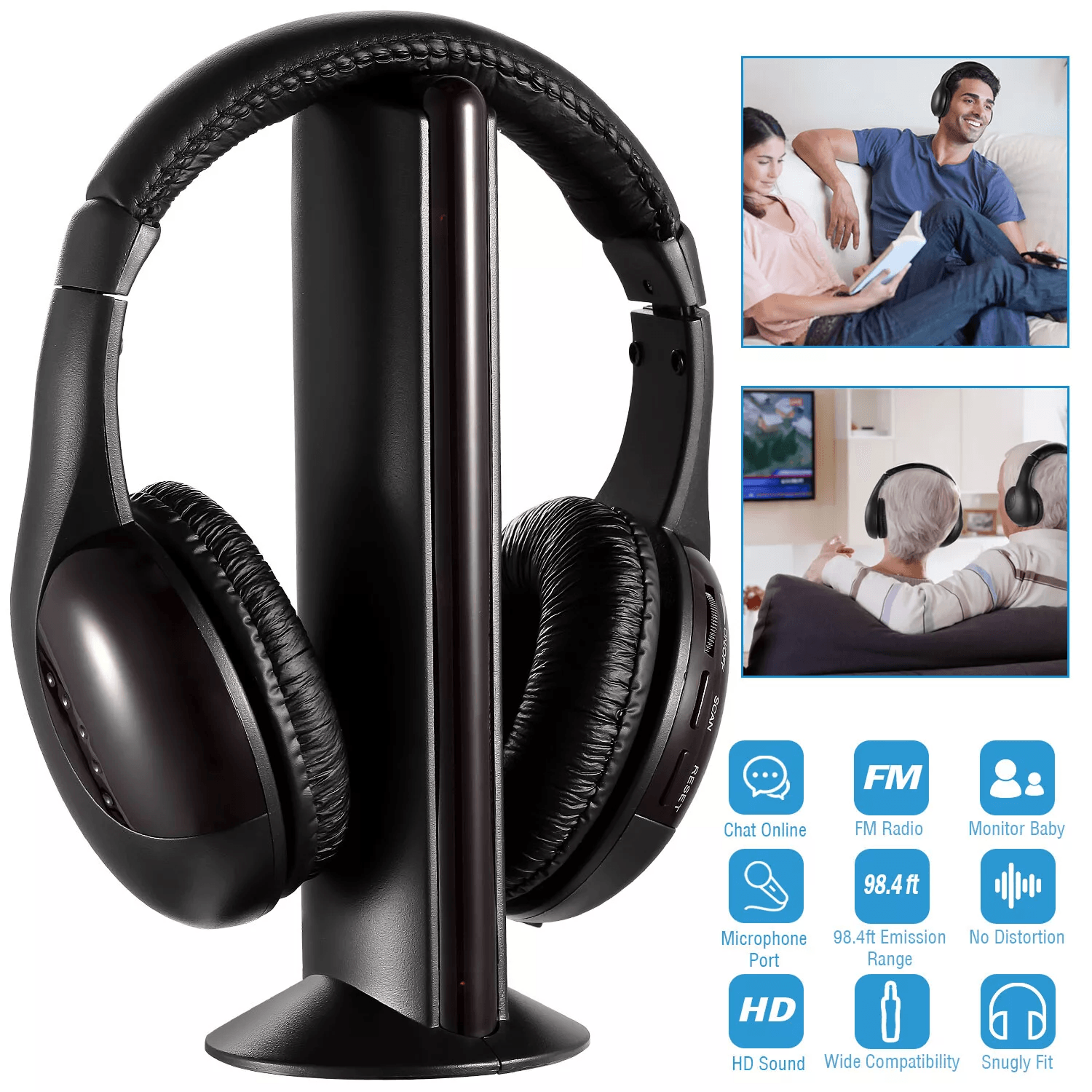 multifunctional cordless rf headphones with mic, wireless over-ear headset for tv, pc, mp3, dvd