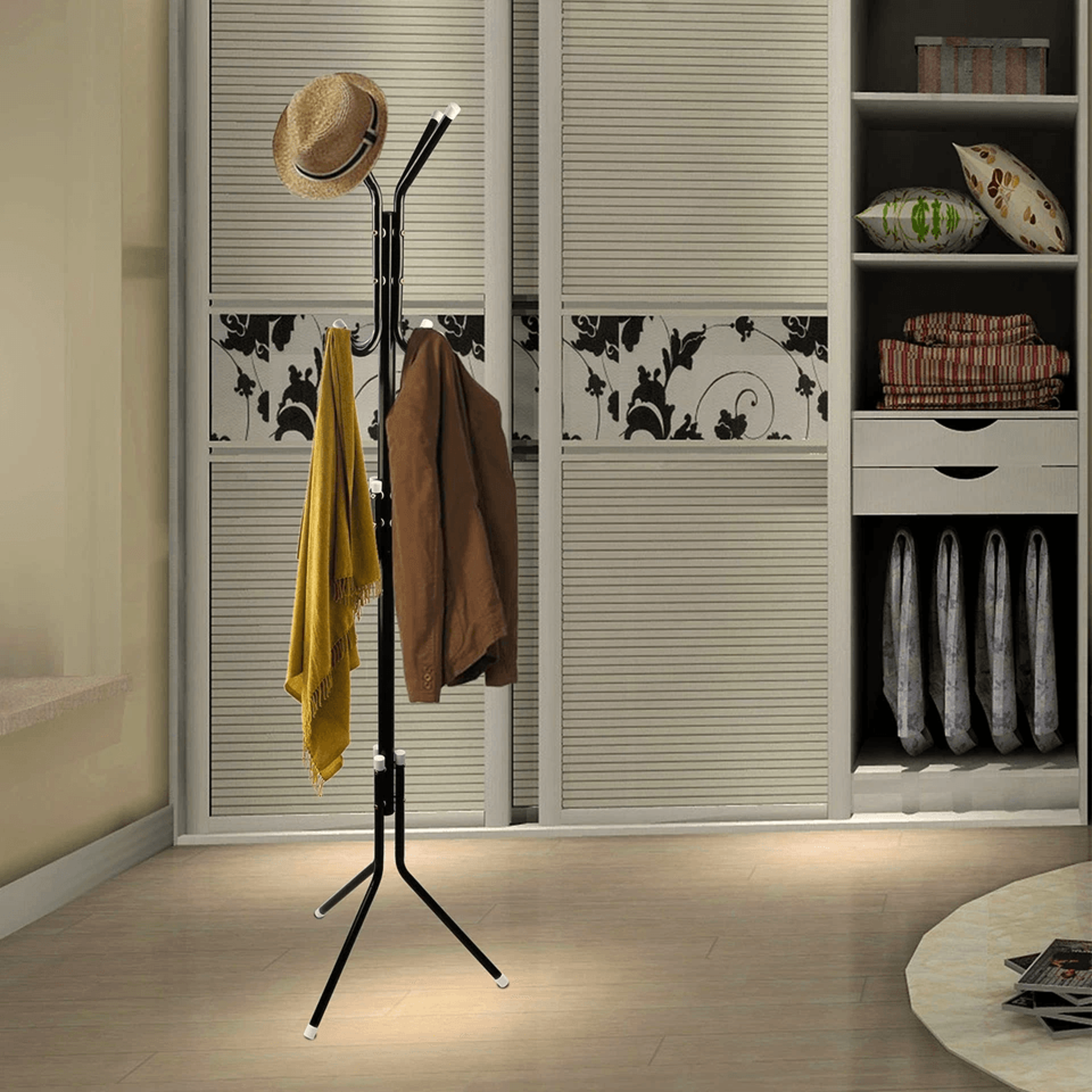 metal coat and hat rack organizer with hooks, clothes hanger stand for handbags, scarves & office entryway storage