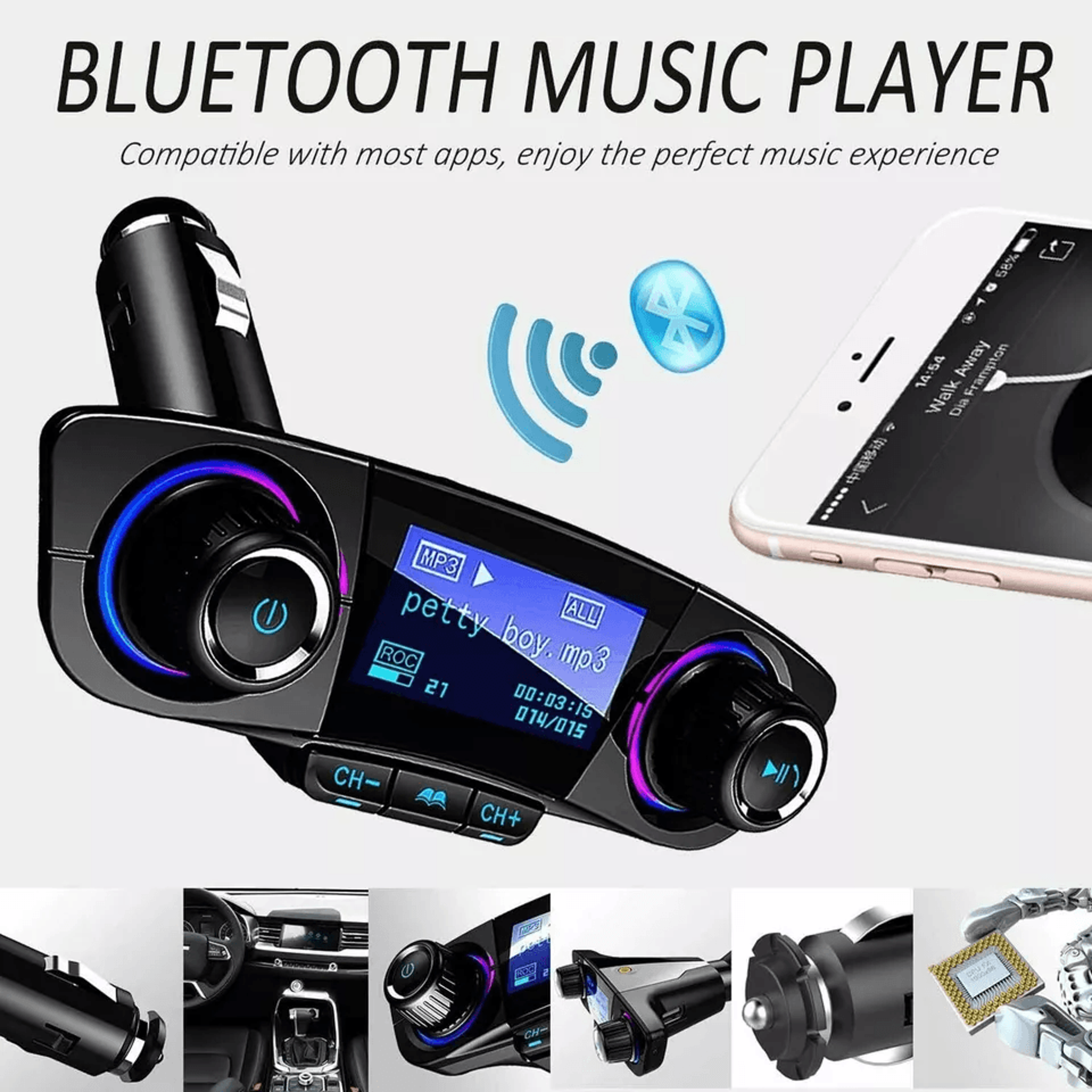 wireless bluetooth car fm transmitter mp3 player with usb charger, hands-free radio adapter kit for music, calls