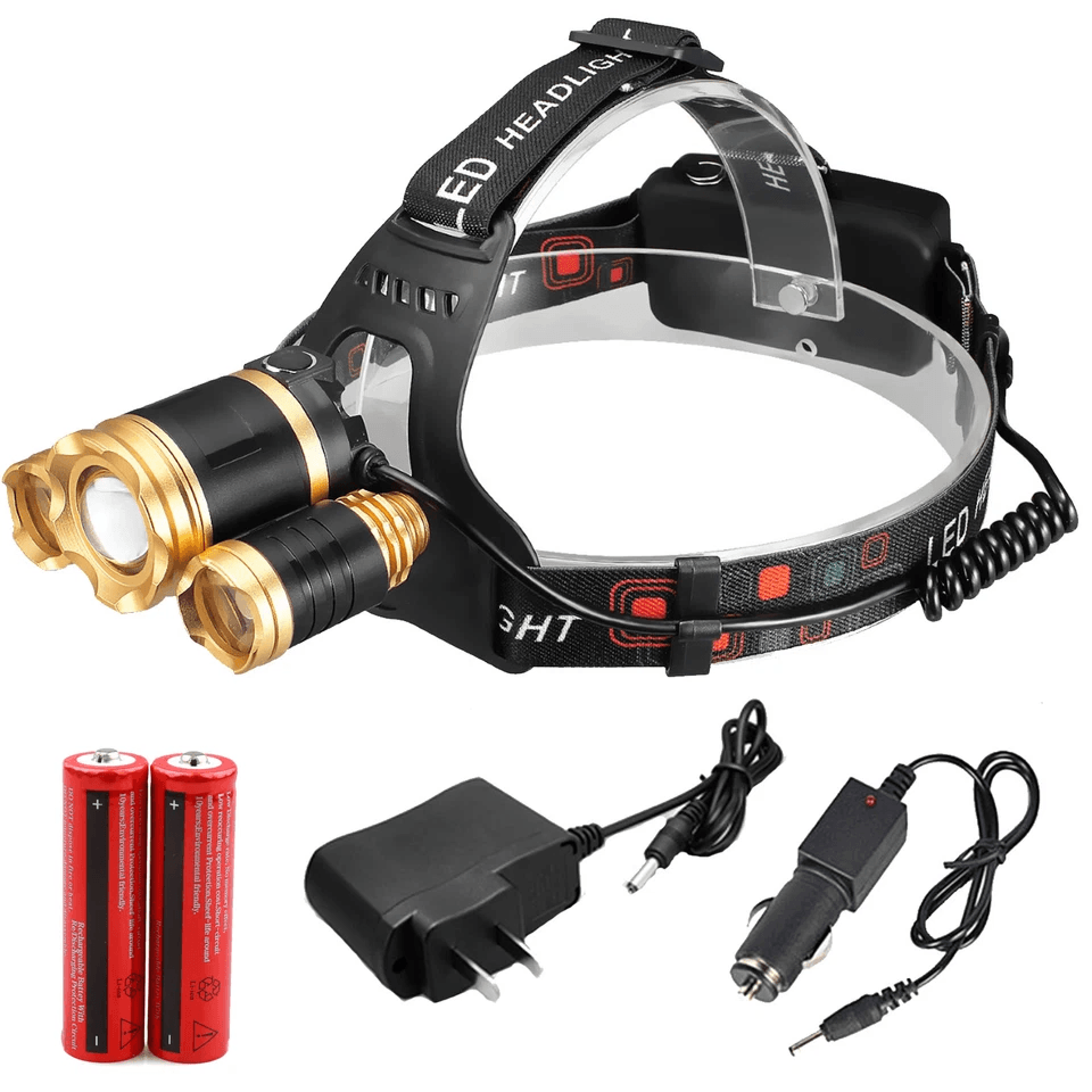 powerful headlamp & flashlight combo set zoomable led 18650 torch with rechargeable battery + car charger headlight lam