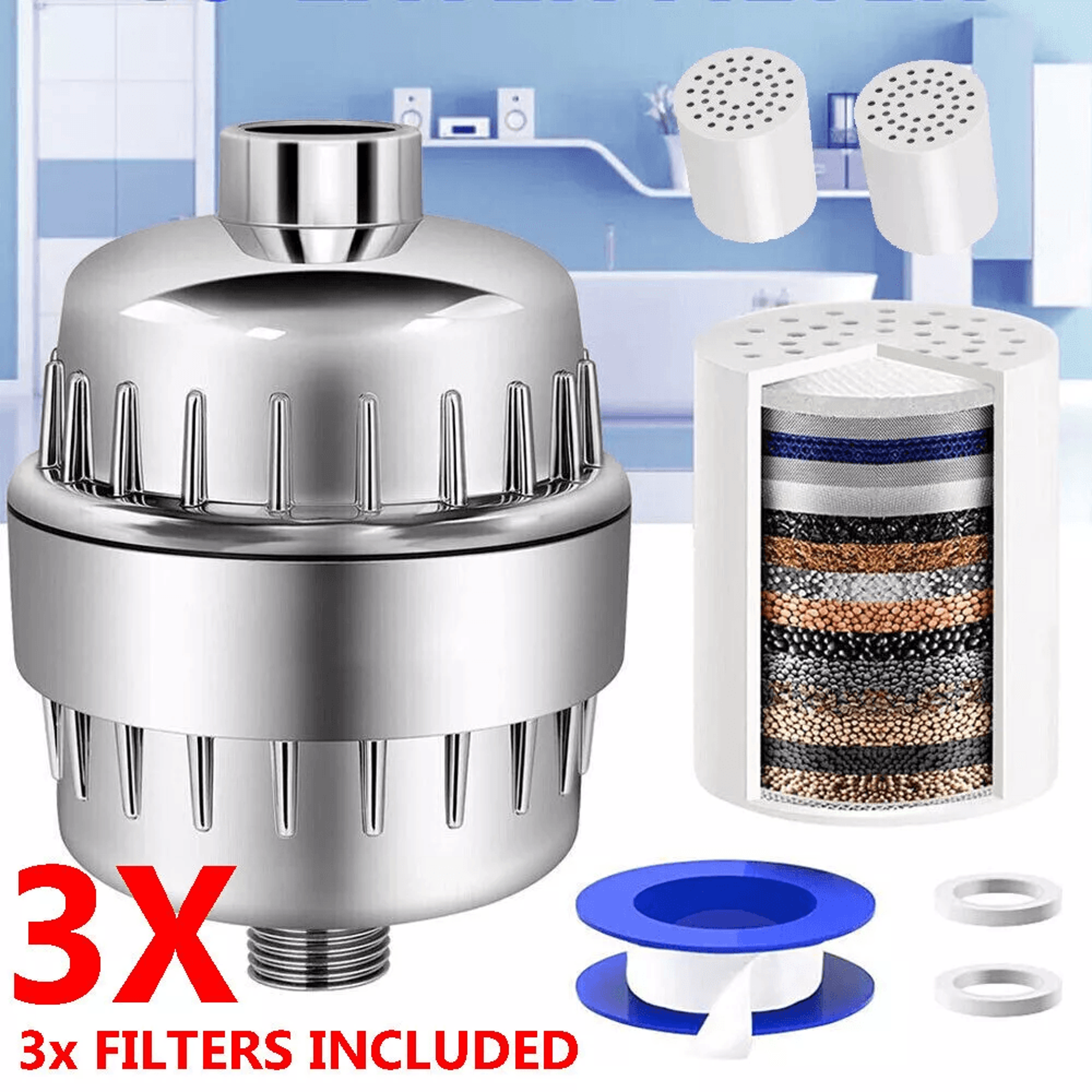 high output 20-stage shower filter with 3 cartridges, ideal for hard water treatment