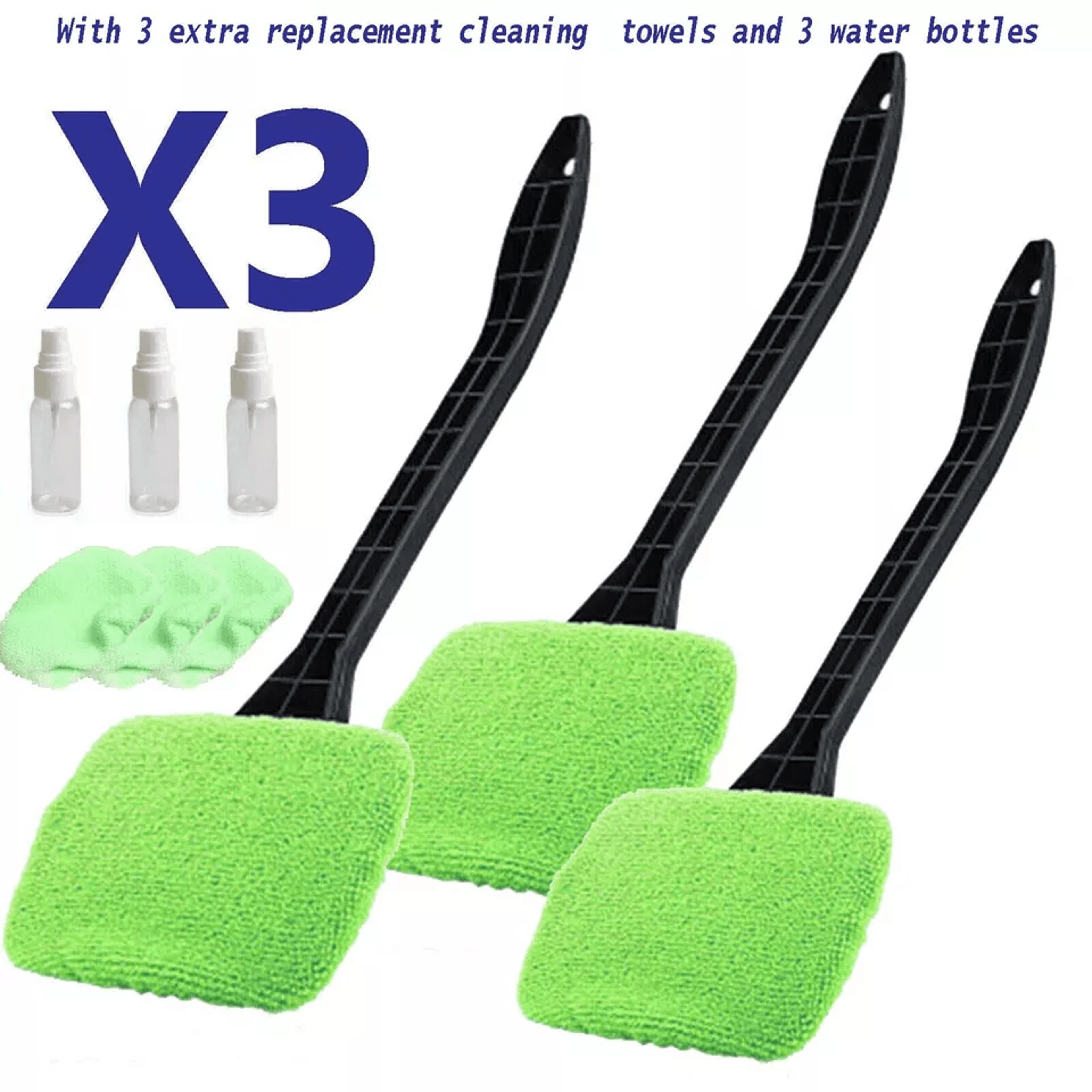 3 pack window windshield cleaning tool microfiber car wiper cleaner with long handle glass brush for interior & exterior