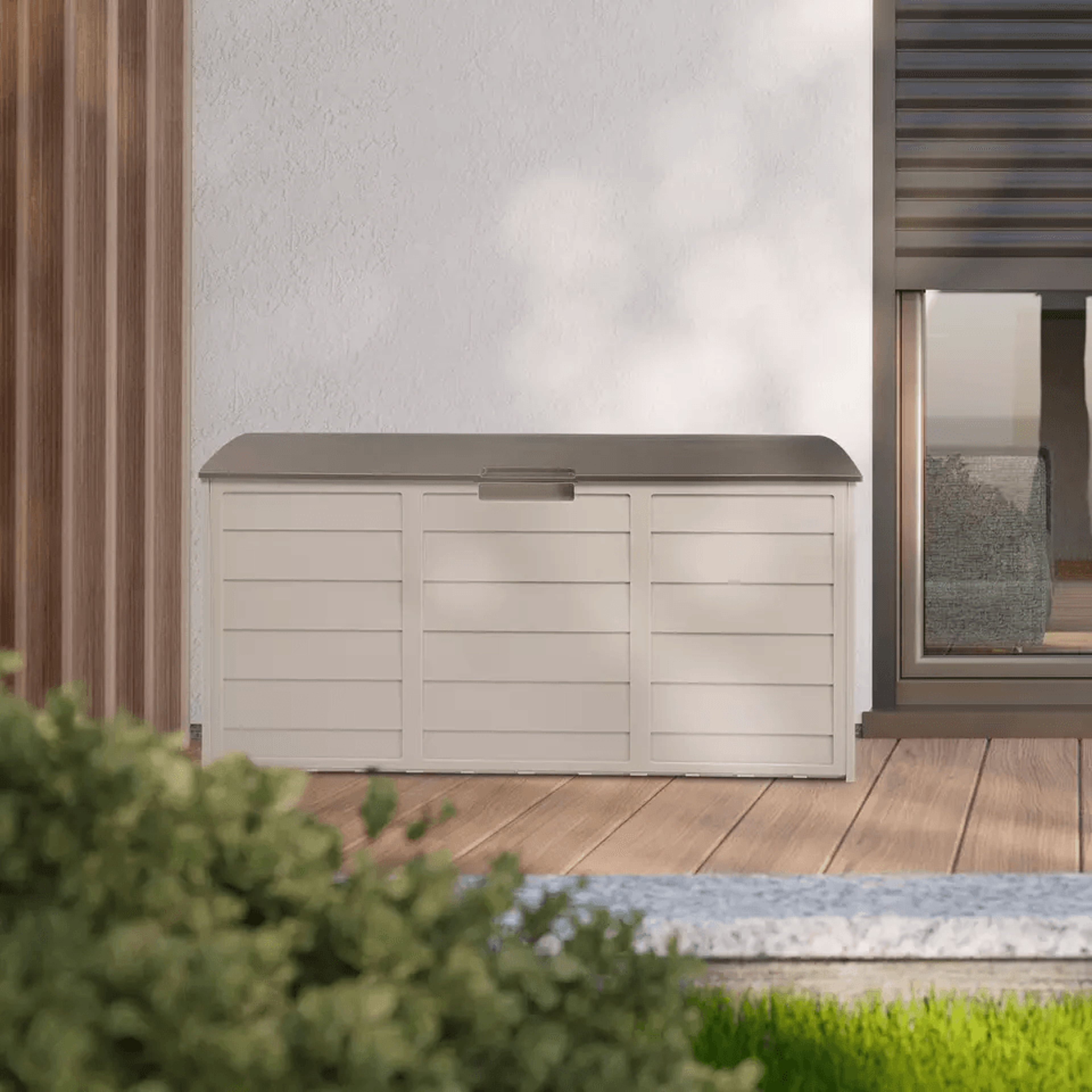 resin deck box, outdoor storage for patio furniture, pool accessories & toys