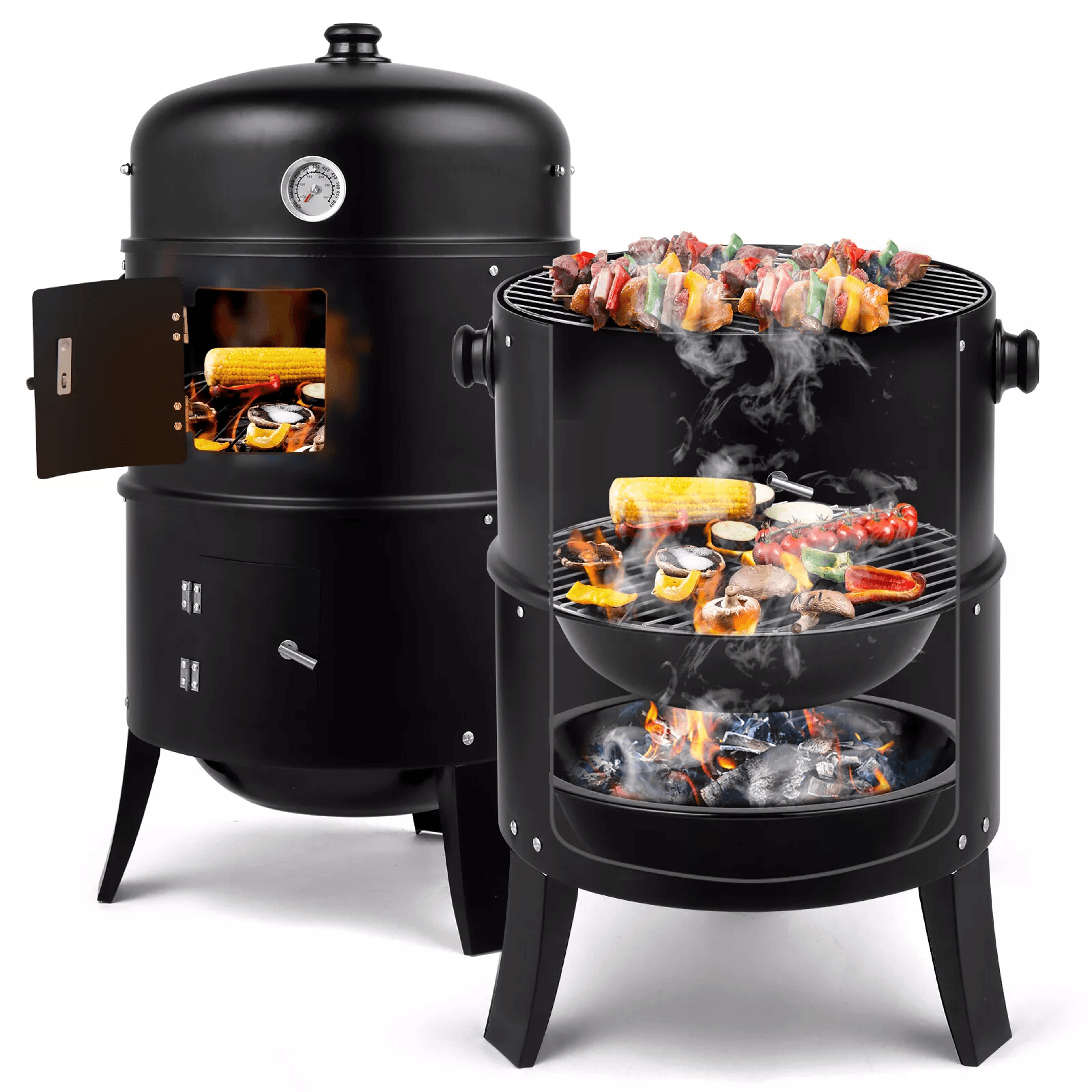 charcoal smoker bbq grill portable vertical outdoor meat cooker with built-in thermometer for grilling, smoking roasting