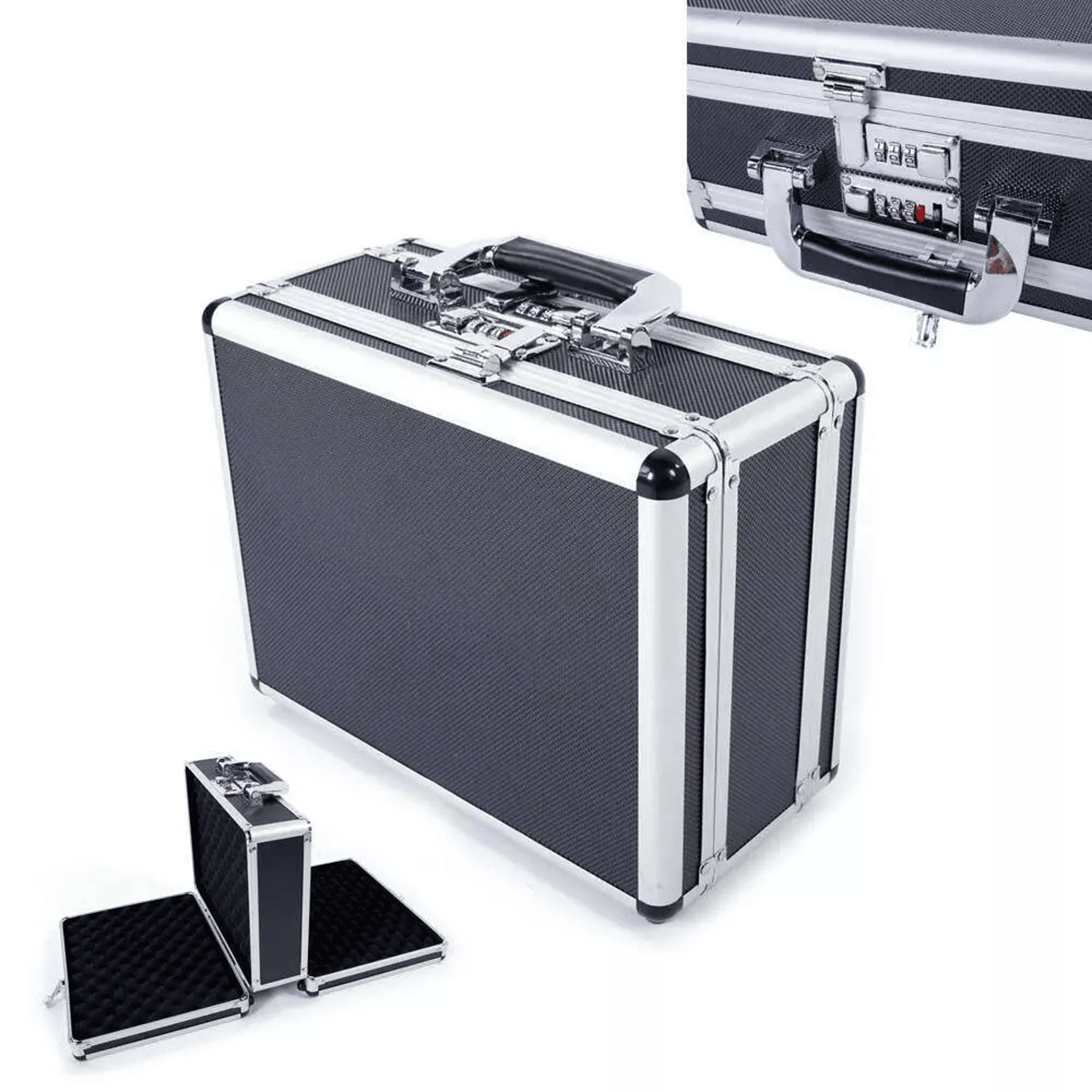 double sided aluminum pistol gun case – secure handgun carry storage box with foam inserts & combination locks