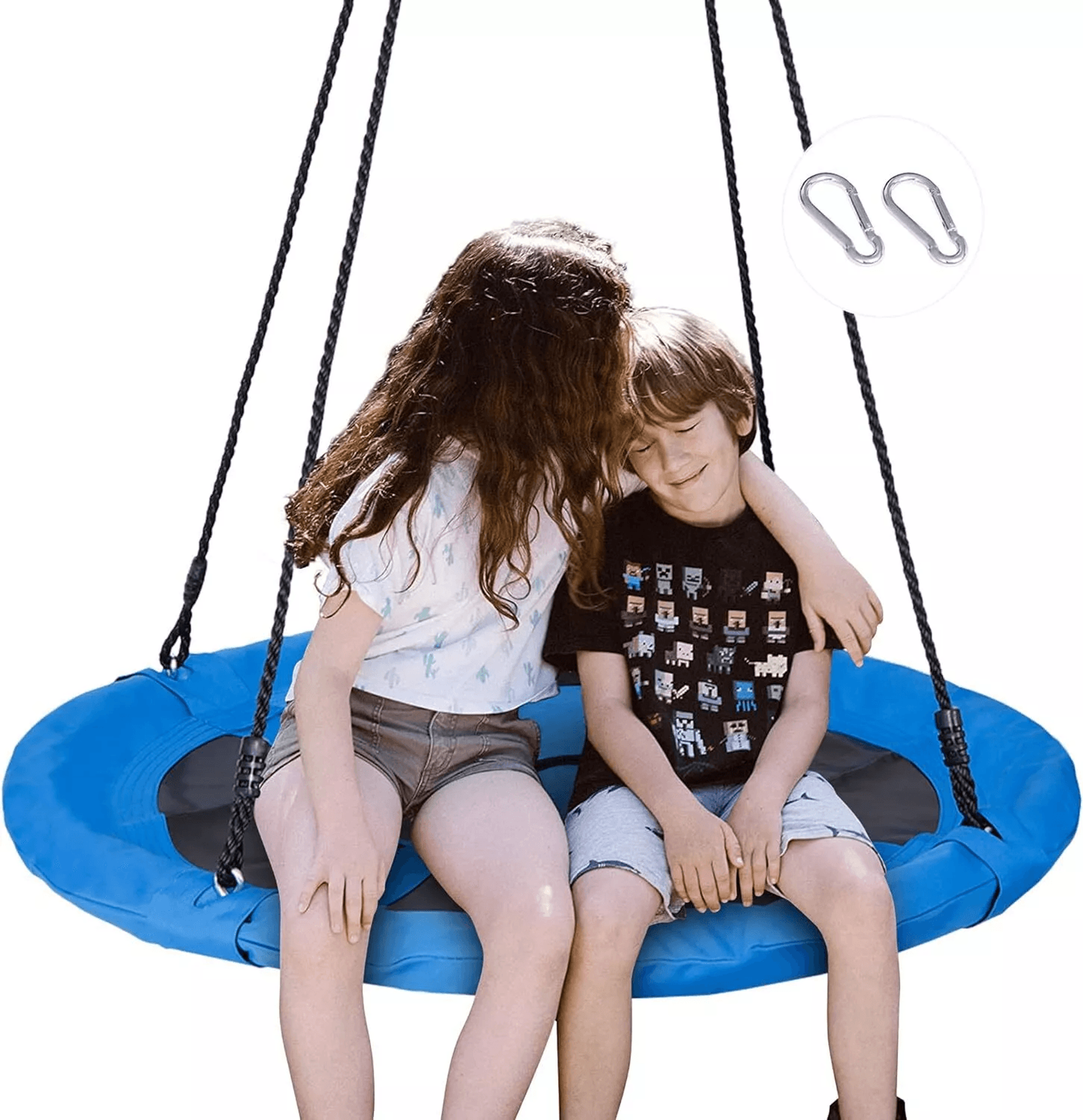 blue saucer tree swing set for kids, outdoor flying swing seat with hanging ropes, adjustable rope height, round swing