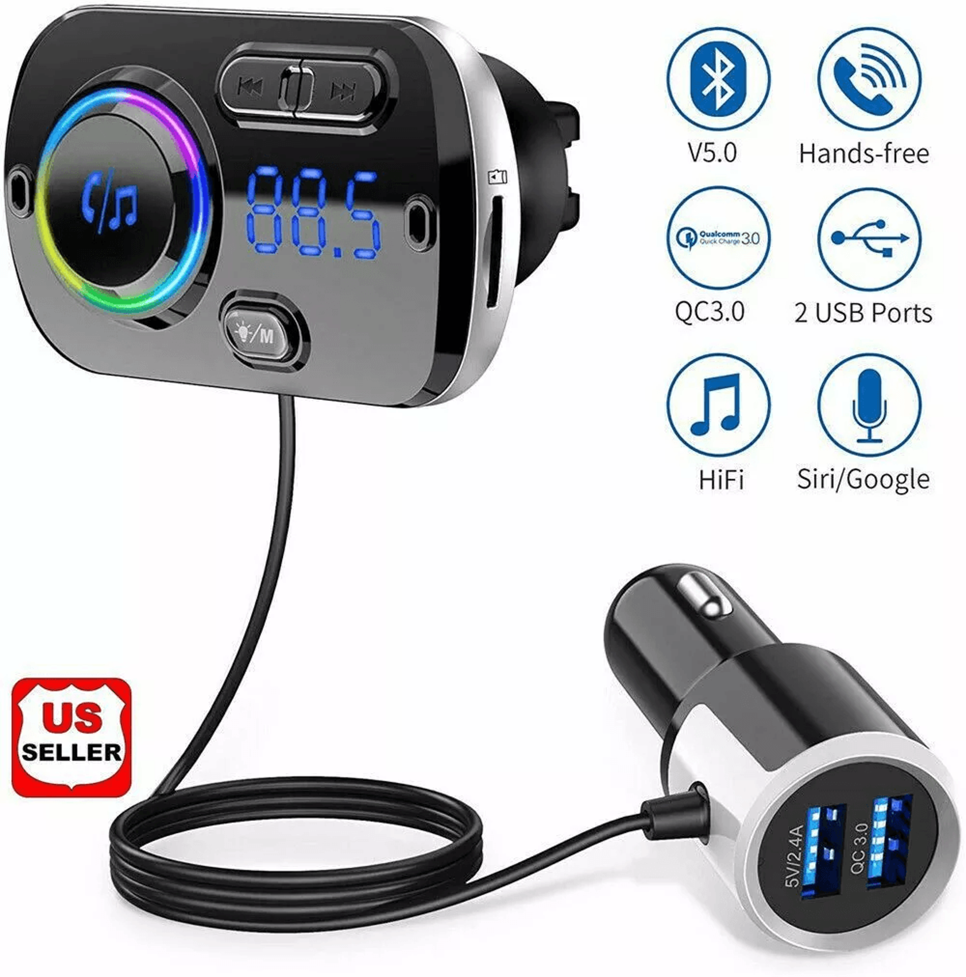 wireless bluetooth fm transmitter for car, hands-free radio adapter with usb charging, mp3 playback, and voice assistan