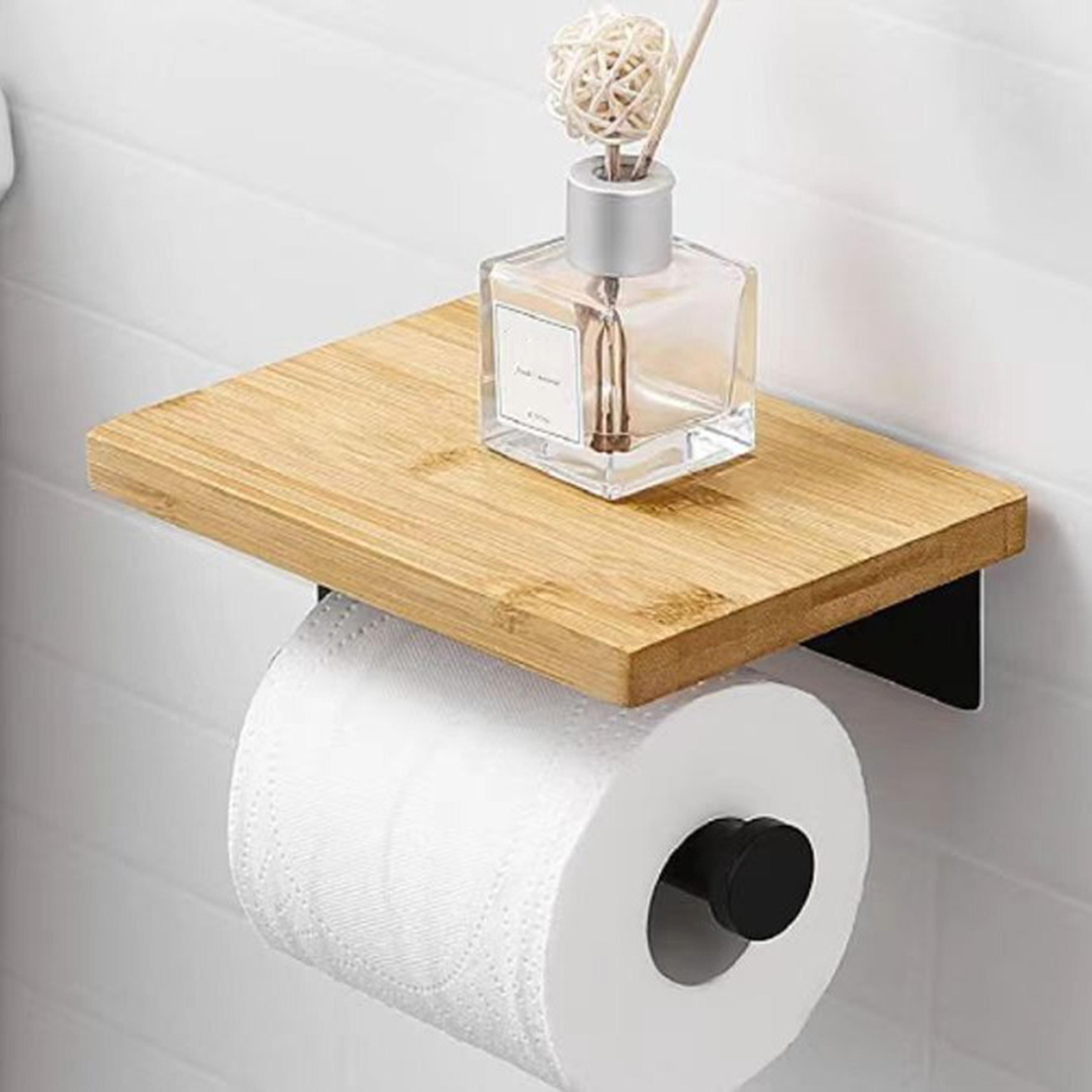 Rustic Wooden Toilet Paper Holder With Phone Shelf 2
