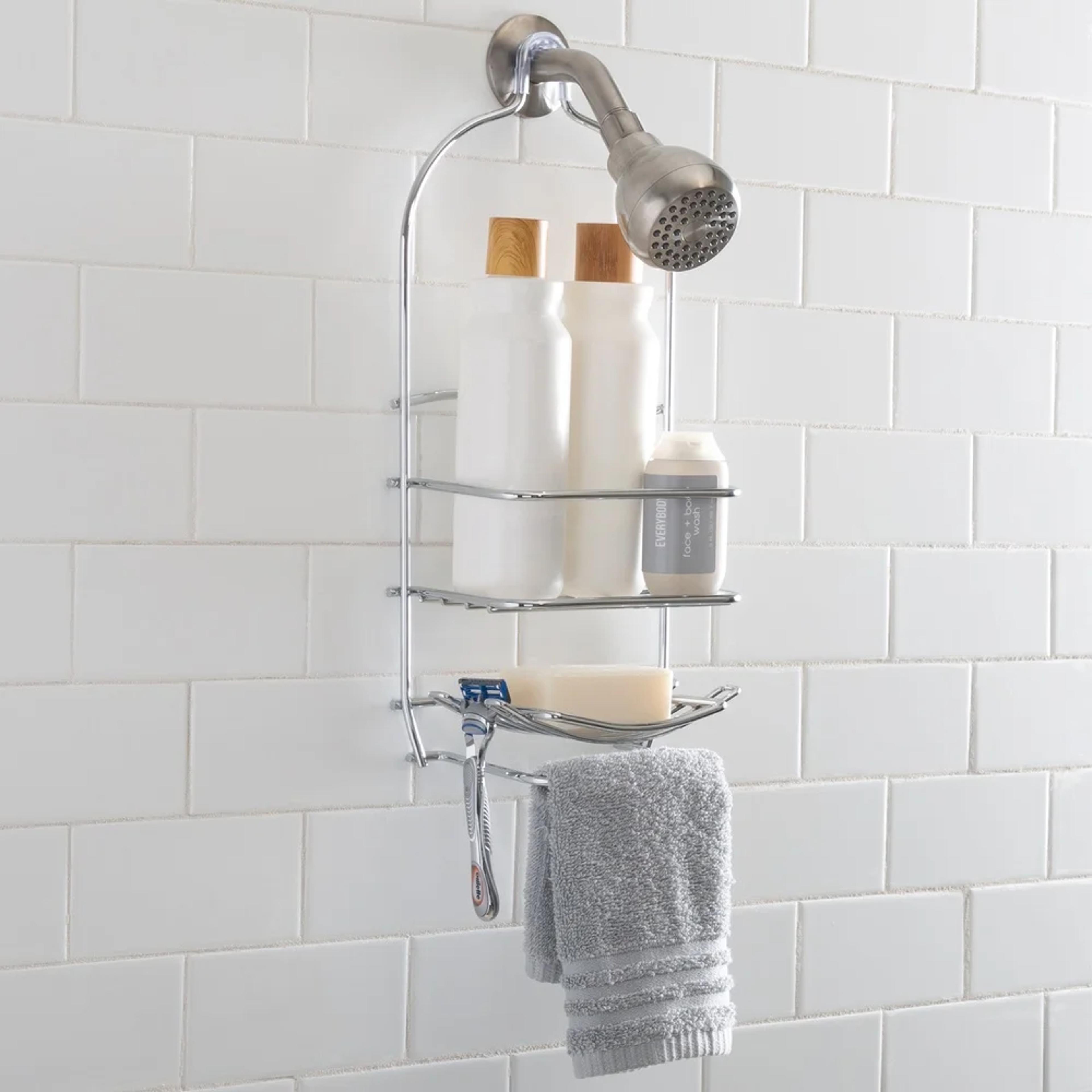 metal shower caddy chrome tier storage organizer with hooks bathroom durable rustresistant hanging shower head accessory