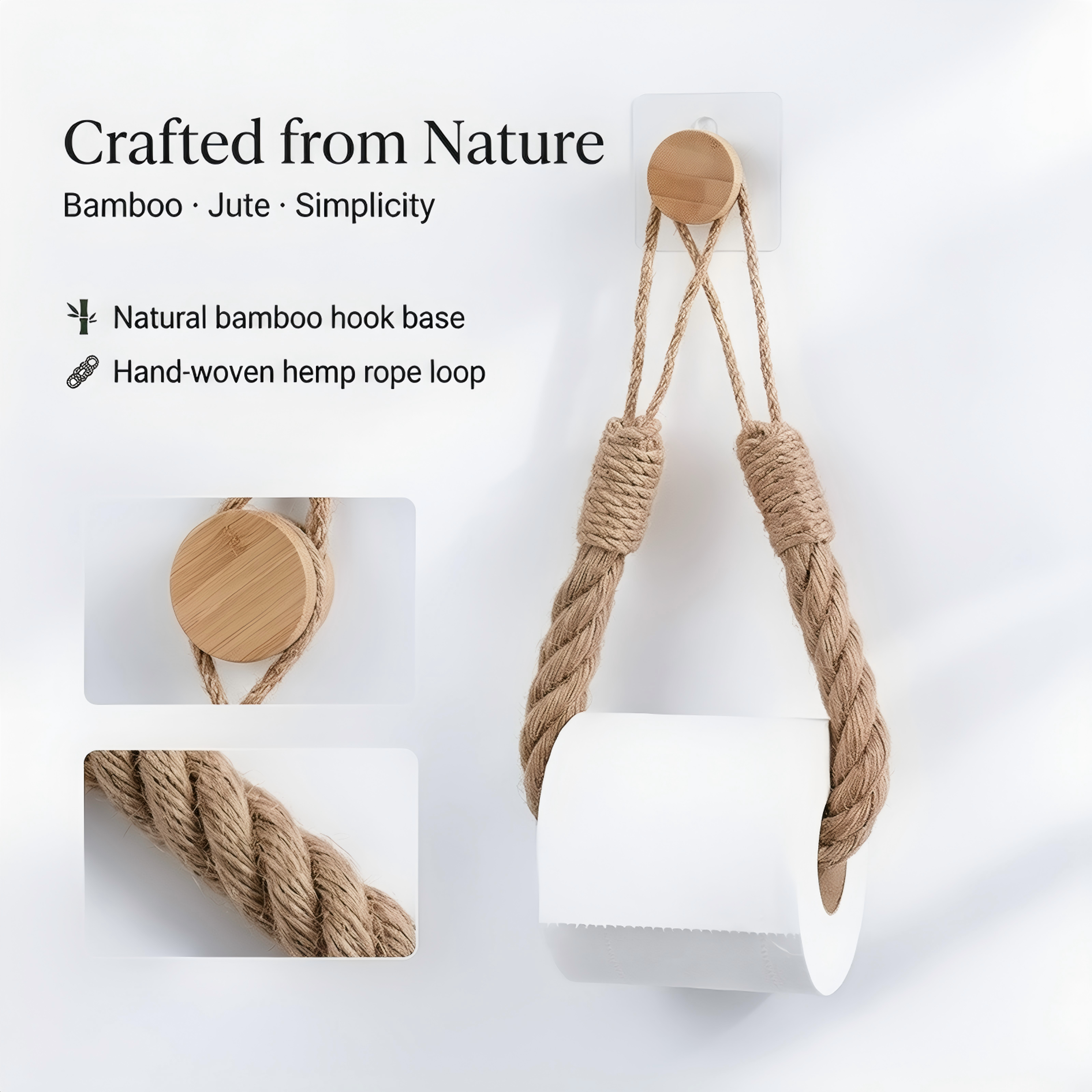 Natural Hemp Rope Toilet Paper Holder  No Drill Wall Mount Towel Rack With Bathroom Storage Shelf 2