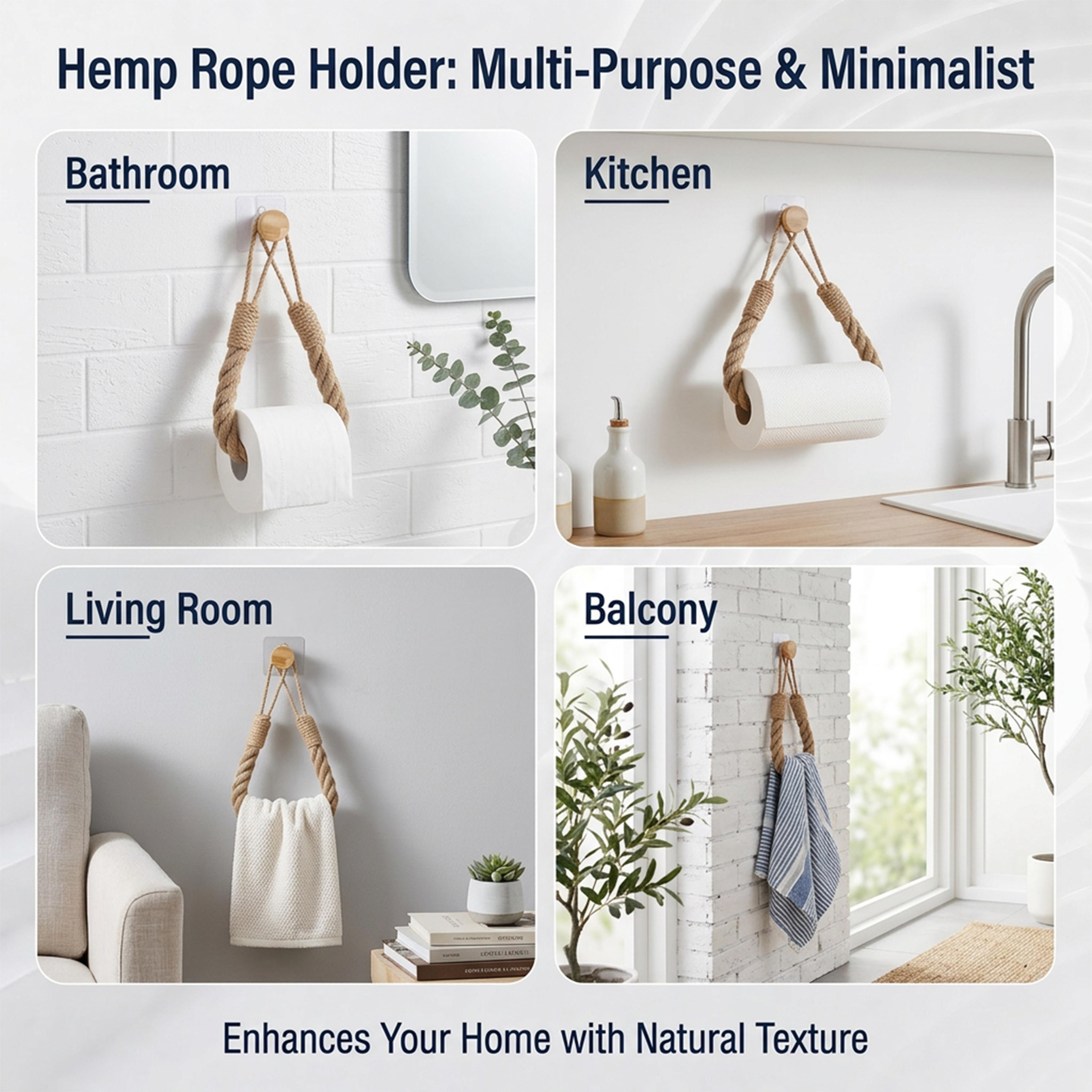 Natural Hemp Rope Toilet Paper Holder  No Drill Wall Mount Towel Rack With Bathroom Storage Shelf 4