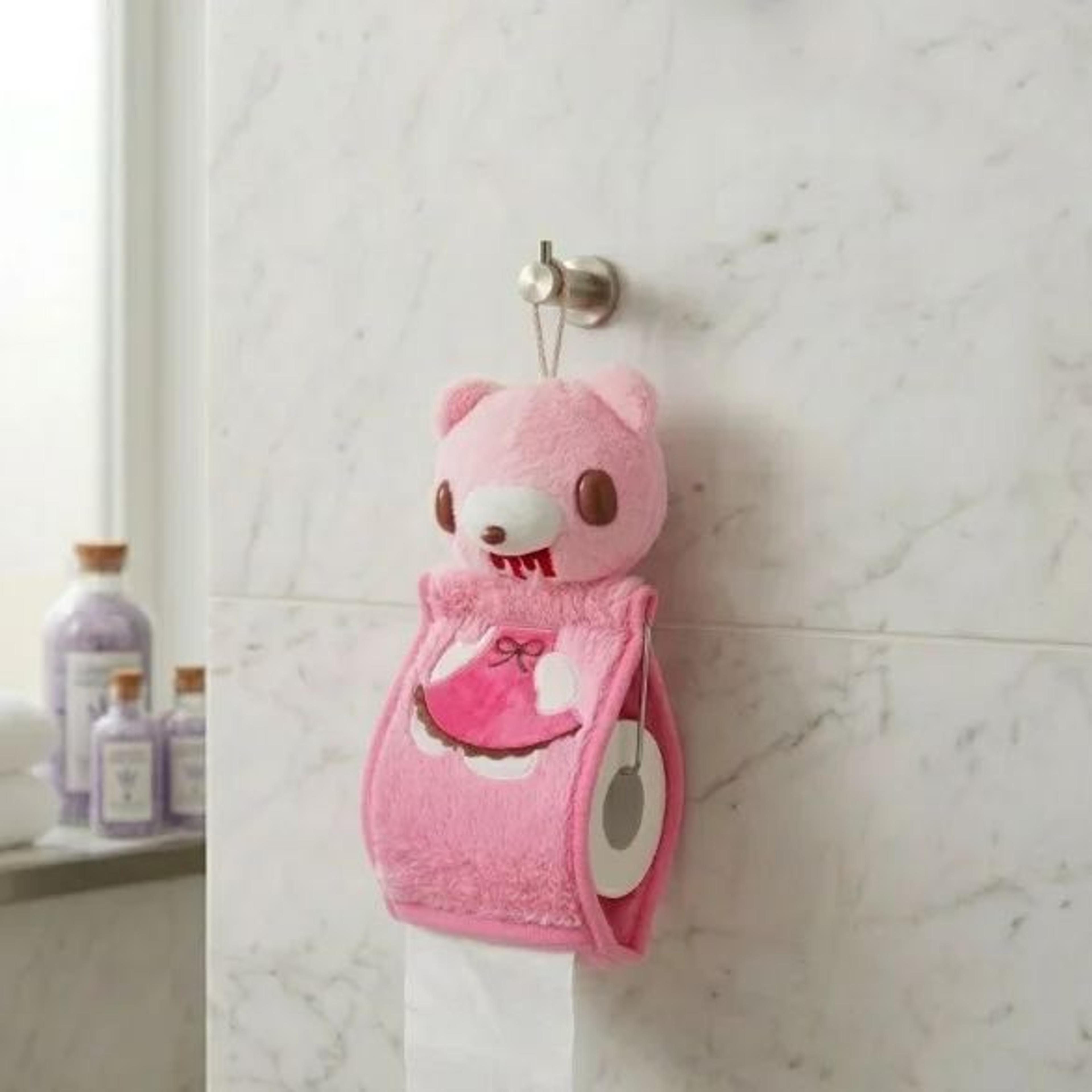 Pink Bear Plush Tissue Holder Cute Hanging Tissue Box Cover For Bathroom Decor 1
