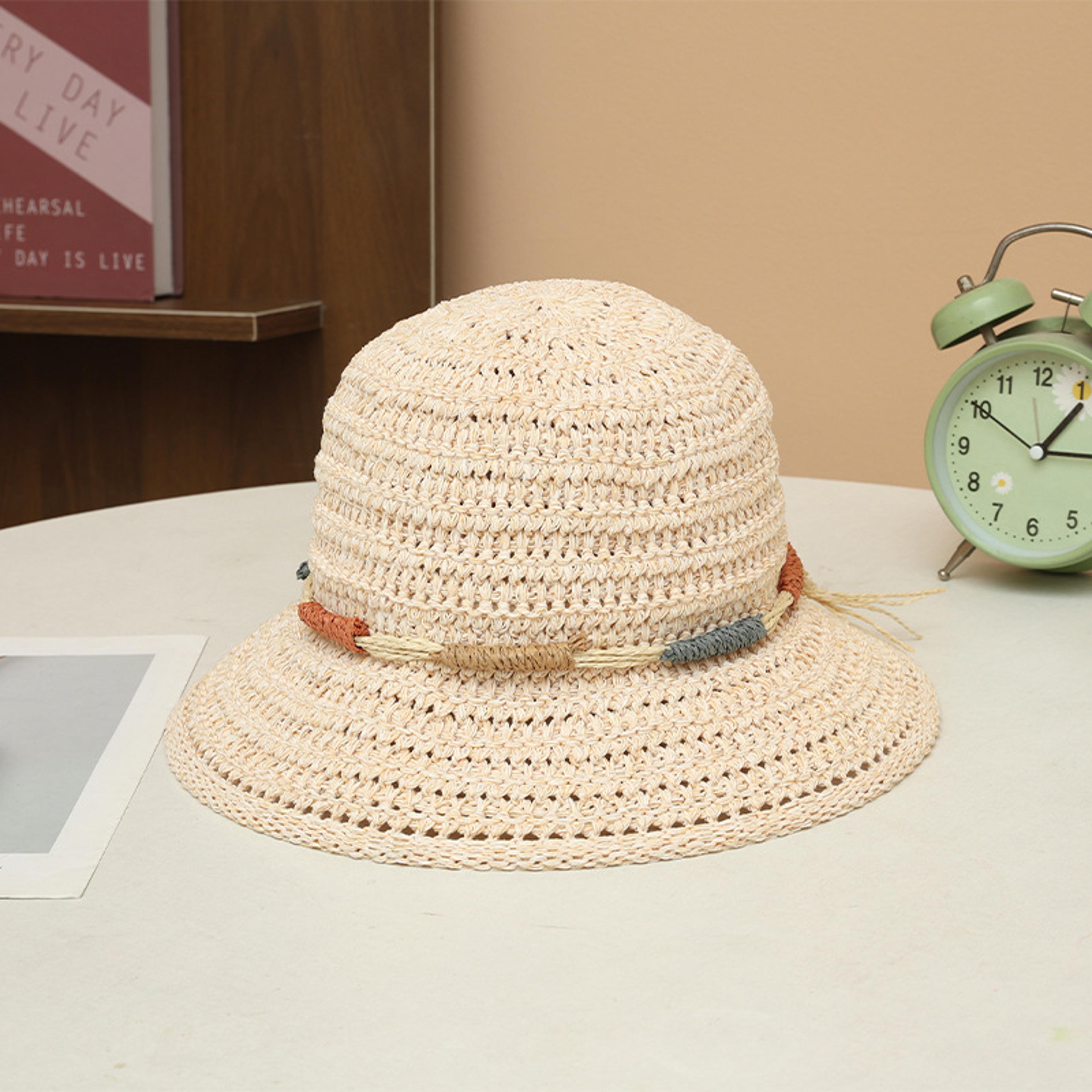 Elegant Women Straw Bucket Hat Wide Brim UV Protection Crochet Beach Sun Hat 4