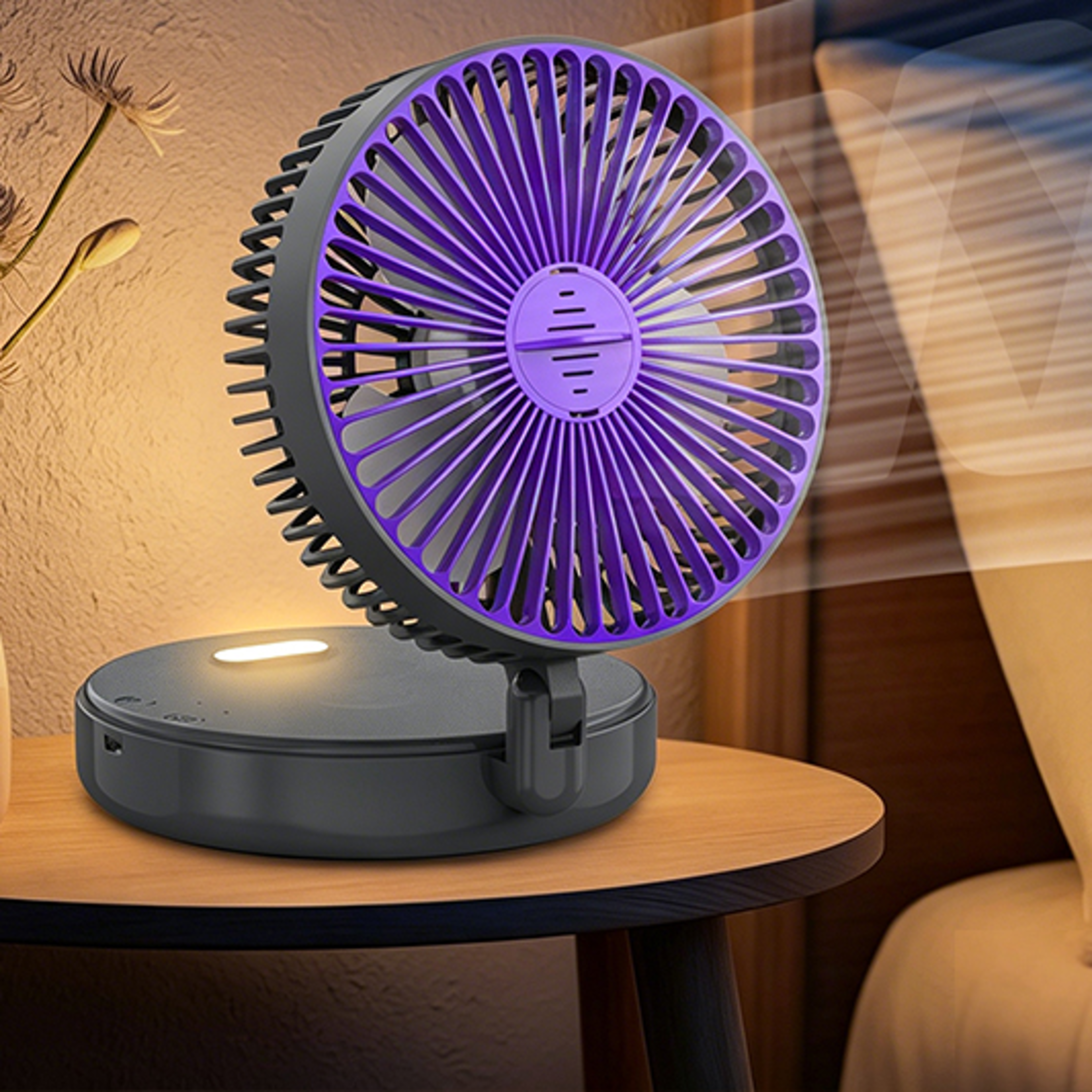 foldable rechargeable portable desk fan with warm night light