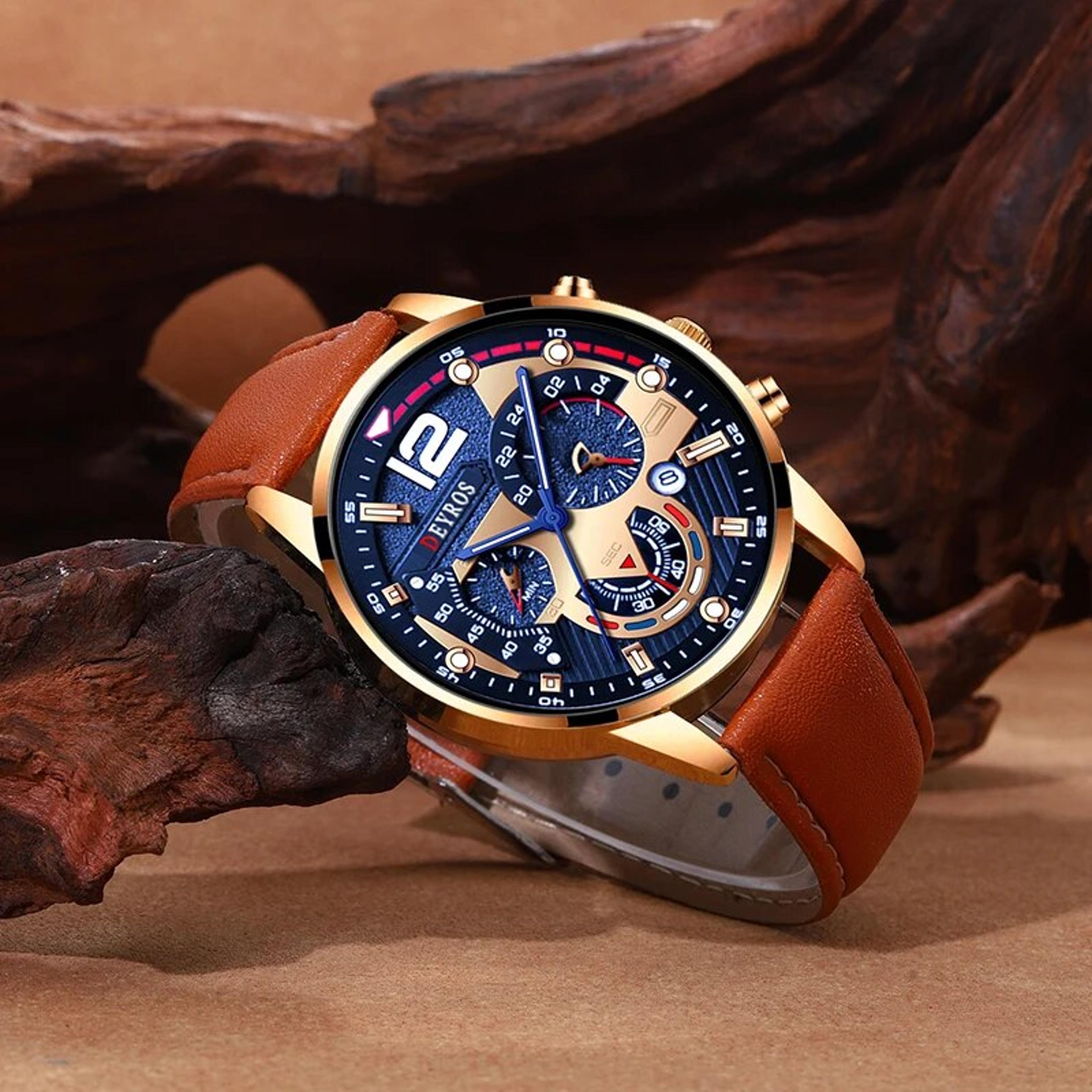 Prestige Mens Quartz Watch  Bracelet Set With Calendar Brown Leather Business Casual Watch 4