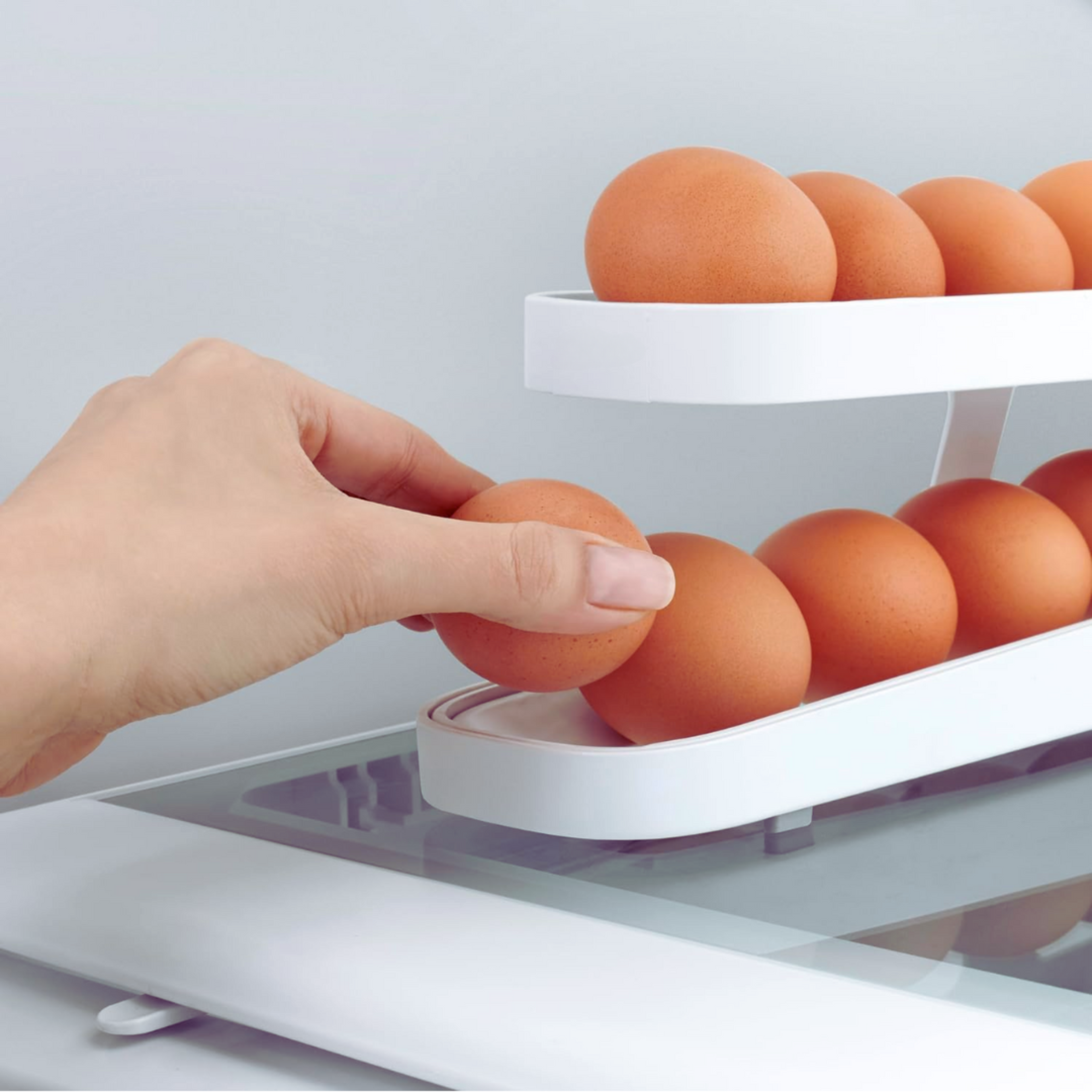 automatic scrolling egg rack holder