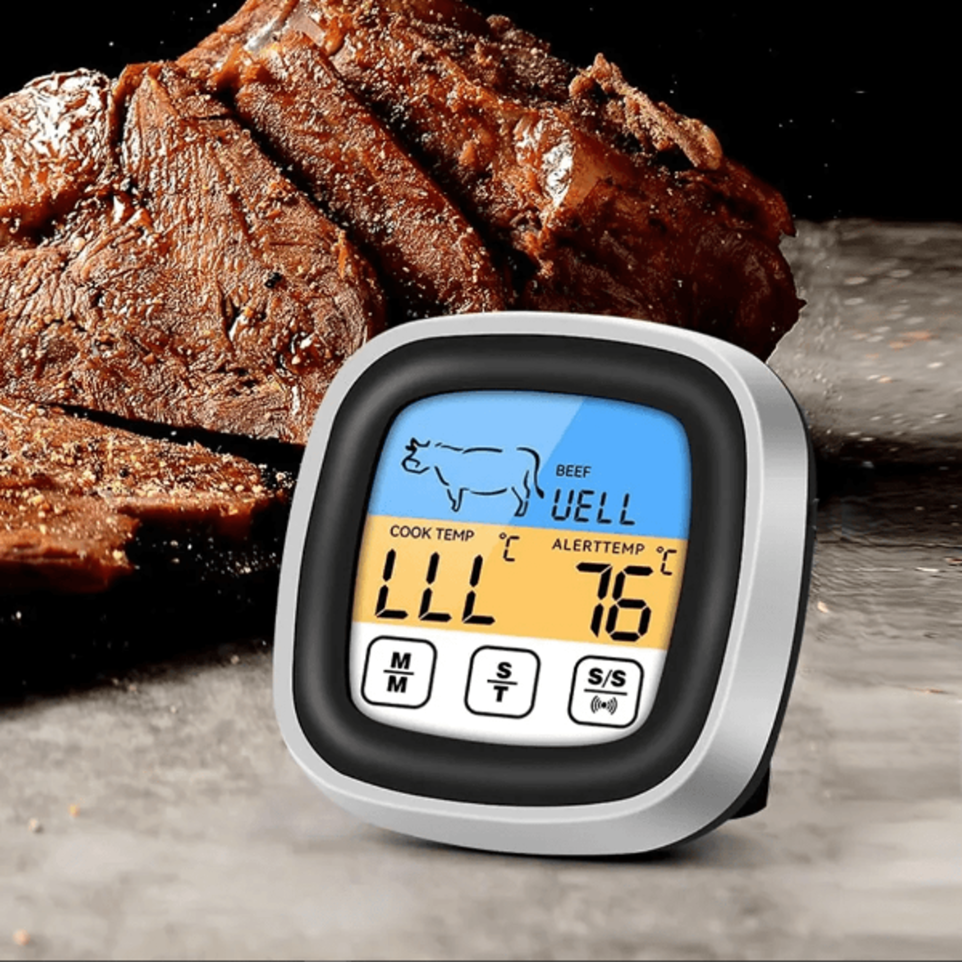 digital meat thermometer with touchscreen lcd and timer for cooking & bbq