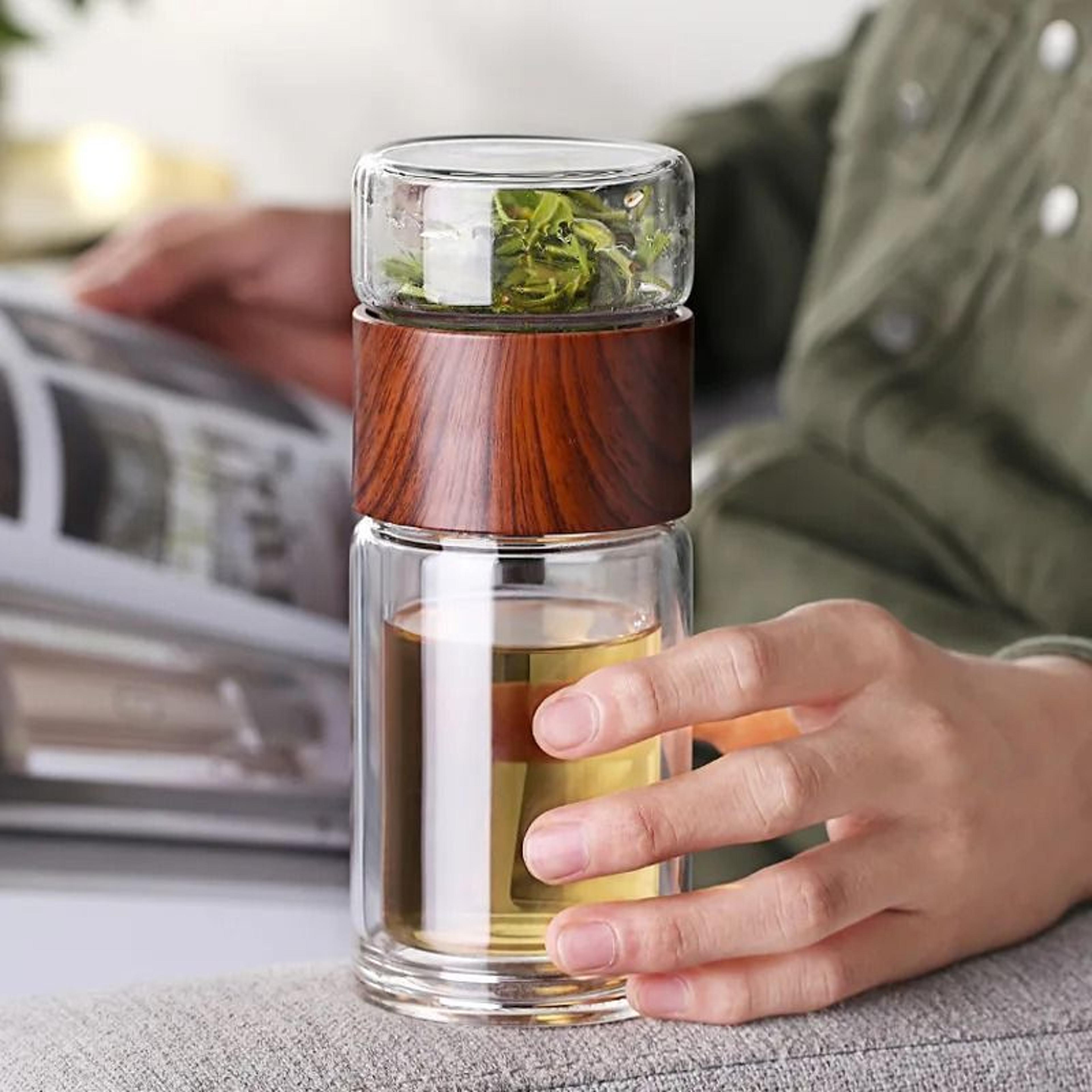 double-wall glass tea infuser bottle with built-in filter – heat-resistant travel tumbler for loose leaf and herbal teas
