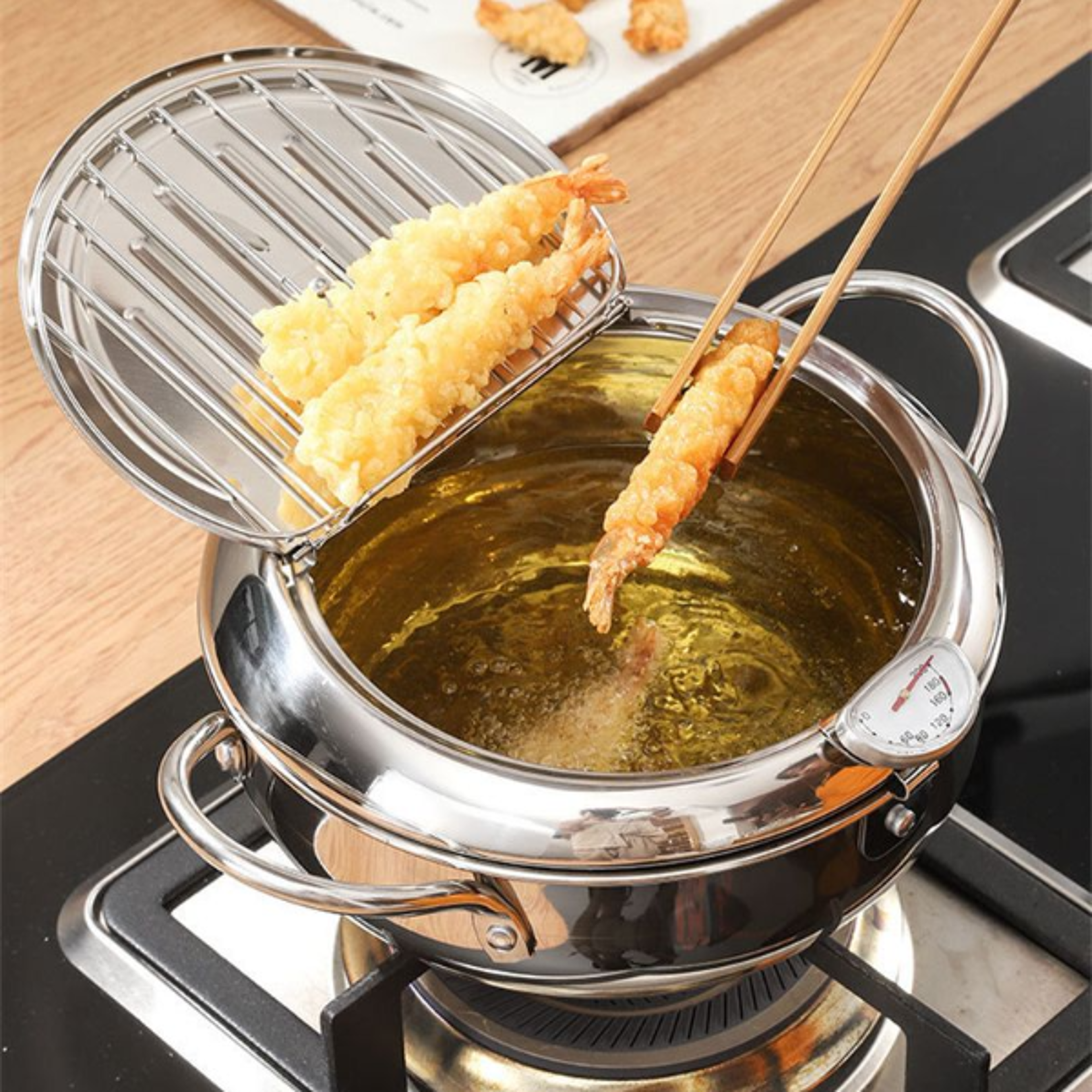 stainless steel temperature control fryer with thermometer, deep frying pot for perfectly cooked meals