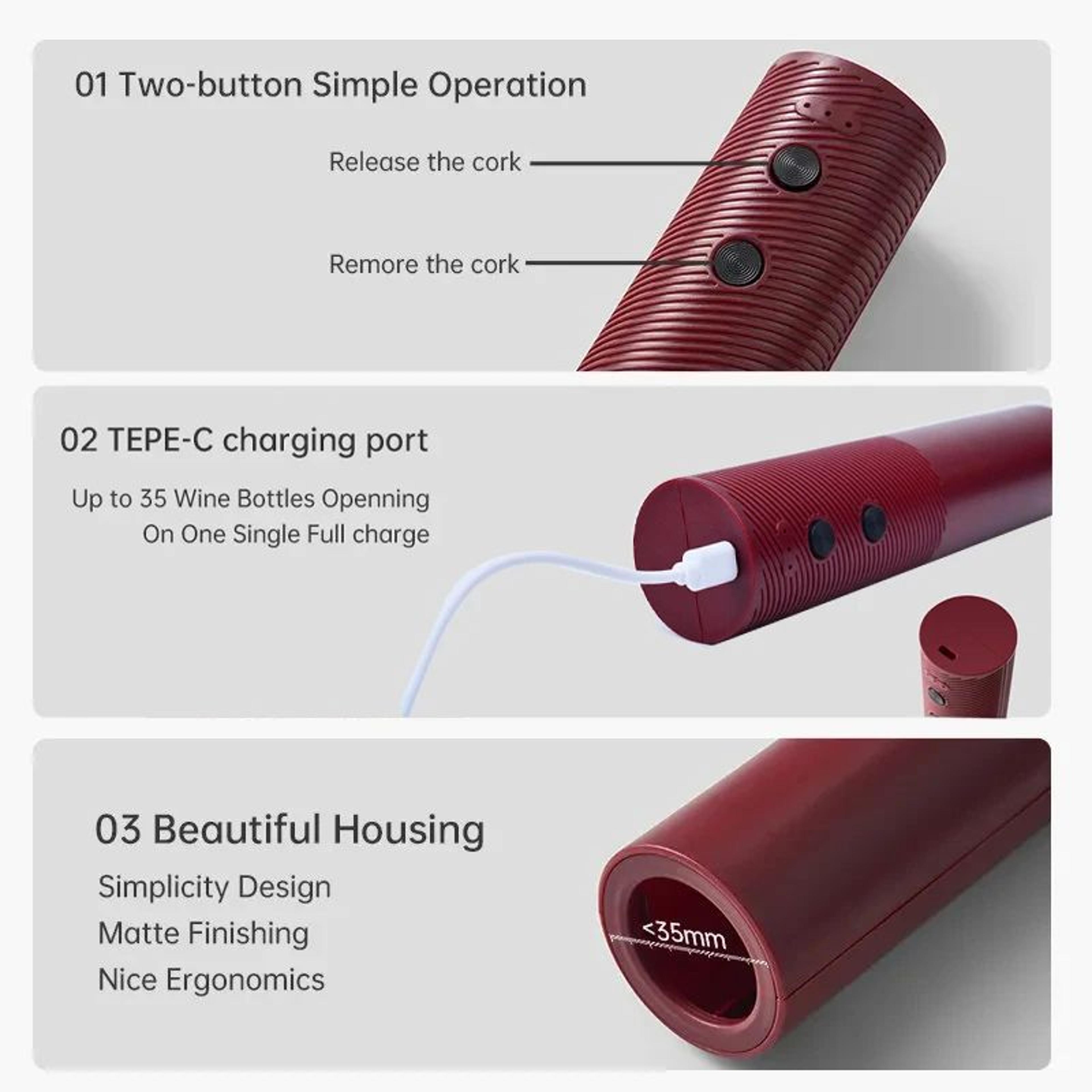 Electric Wine Bottle Opener Rechargeable Automatic Corkscrew With OneClick Button Portable And Cord 2