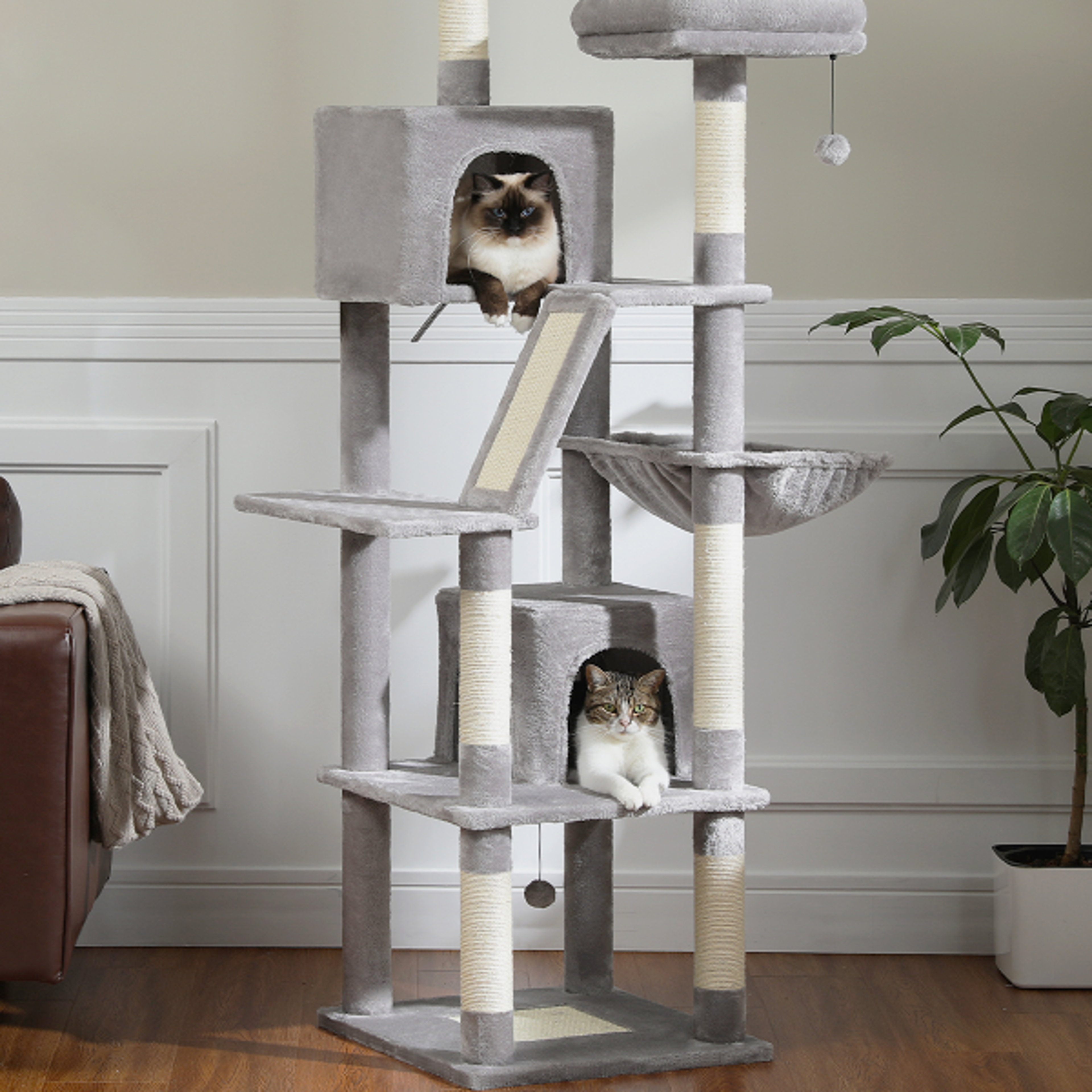 multi-level plush cat tree, extra-large cat tower with scratching boards, perches & caves