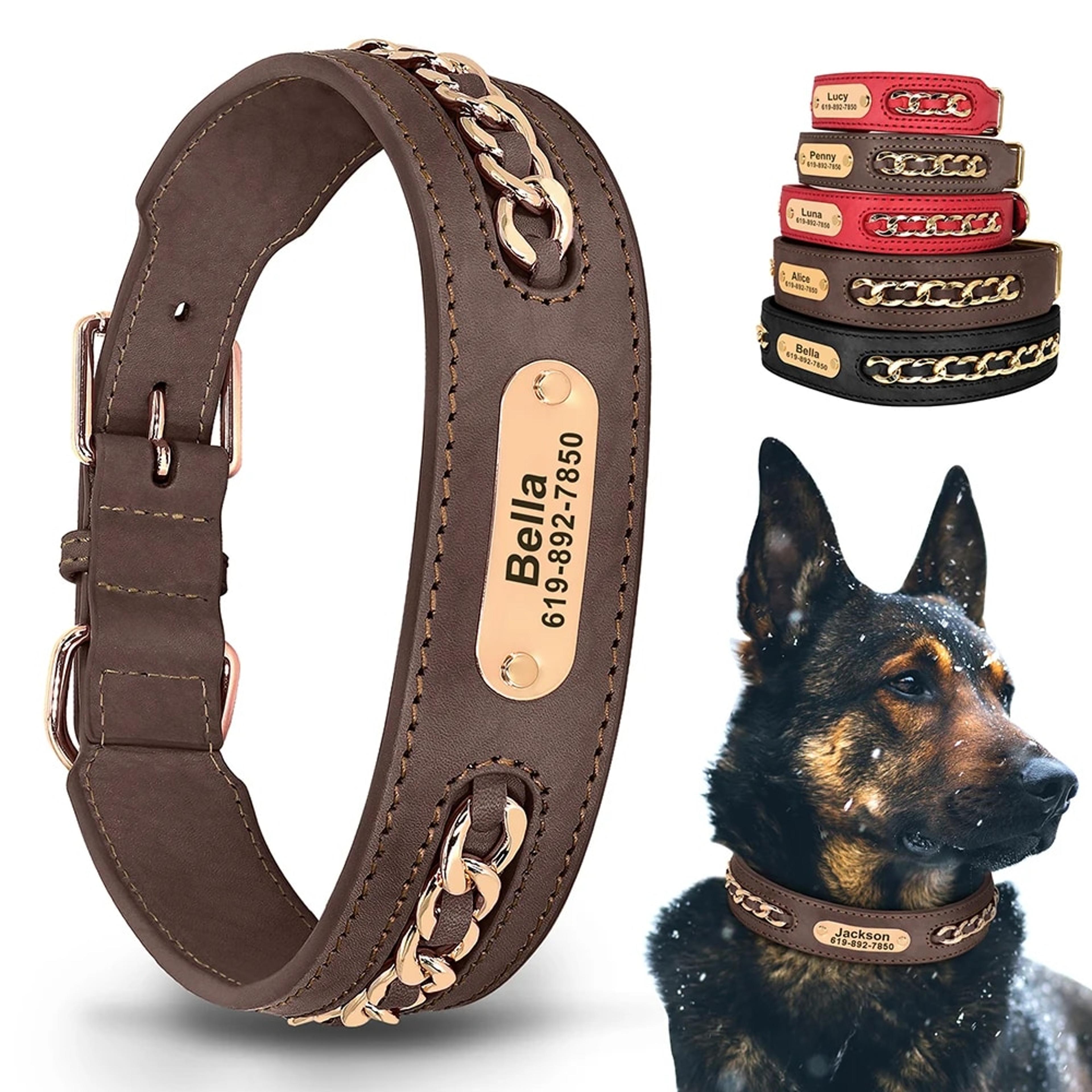 custom leather dog collar accessories with personalized id tag for small, medium & large dogs