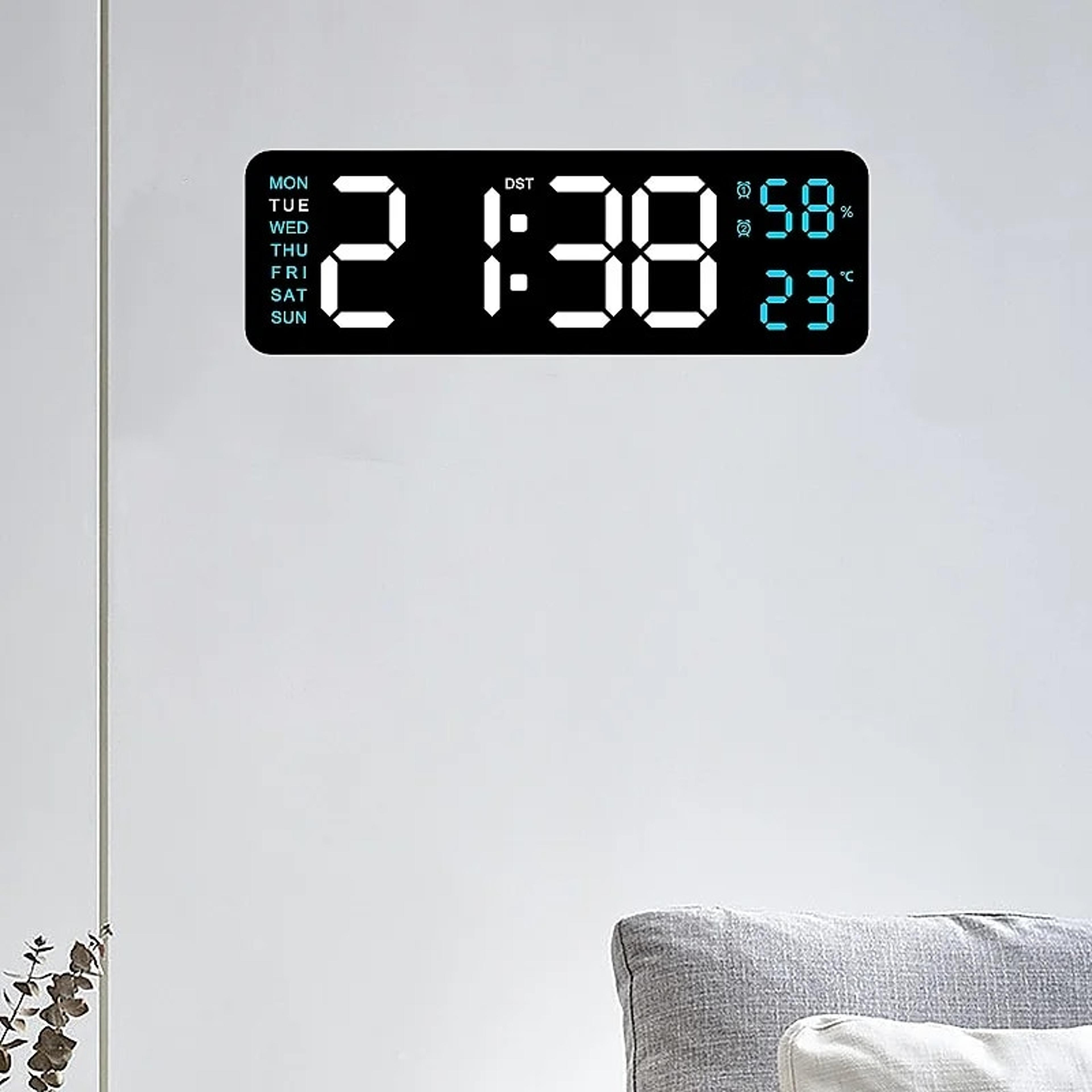 large 9" digital wall clock: temp, humidity, 2 alarms, auto dim, snooze, 12/24h led