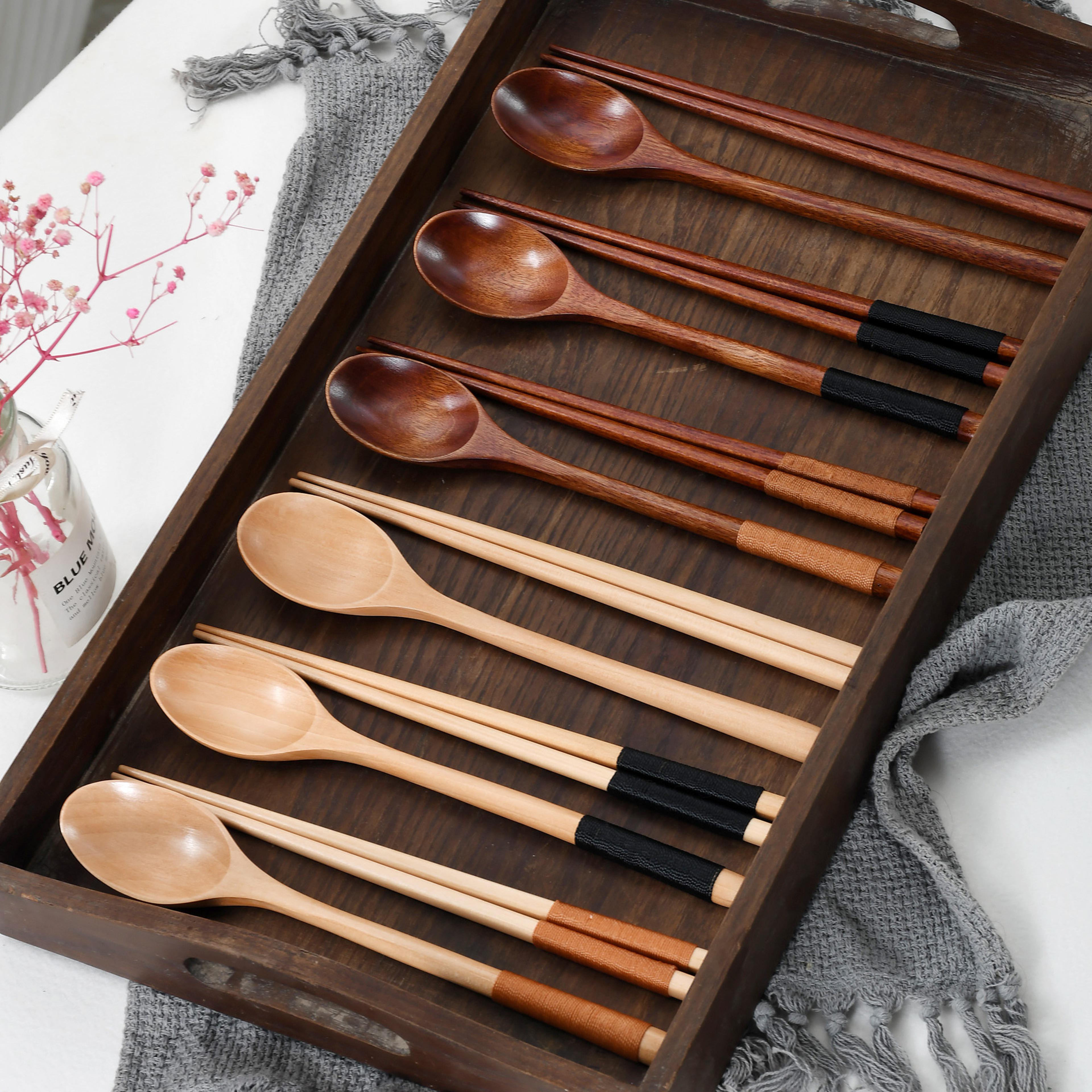 natural wood japanese tableware set: reusable sushi chopsticks & spoon