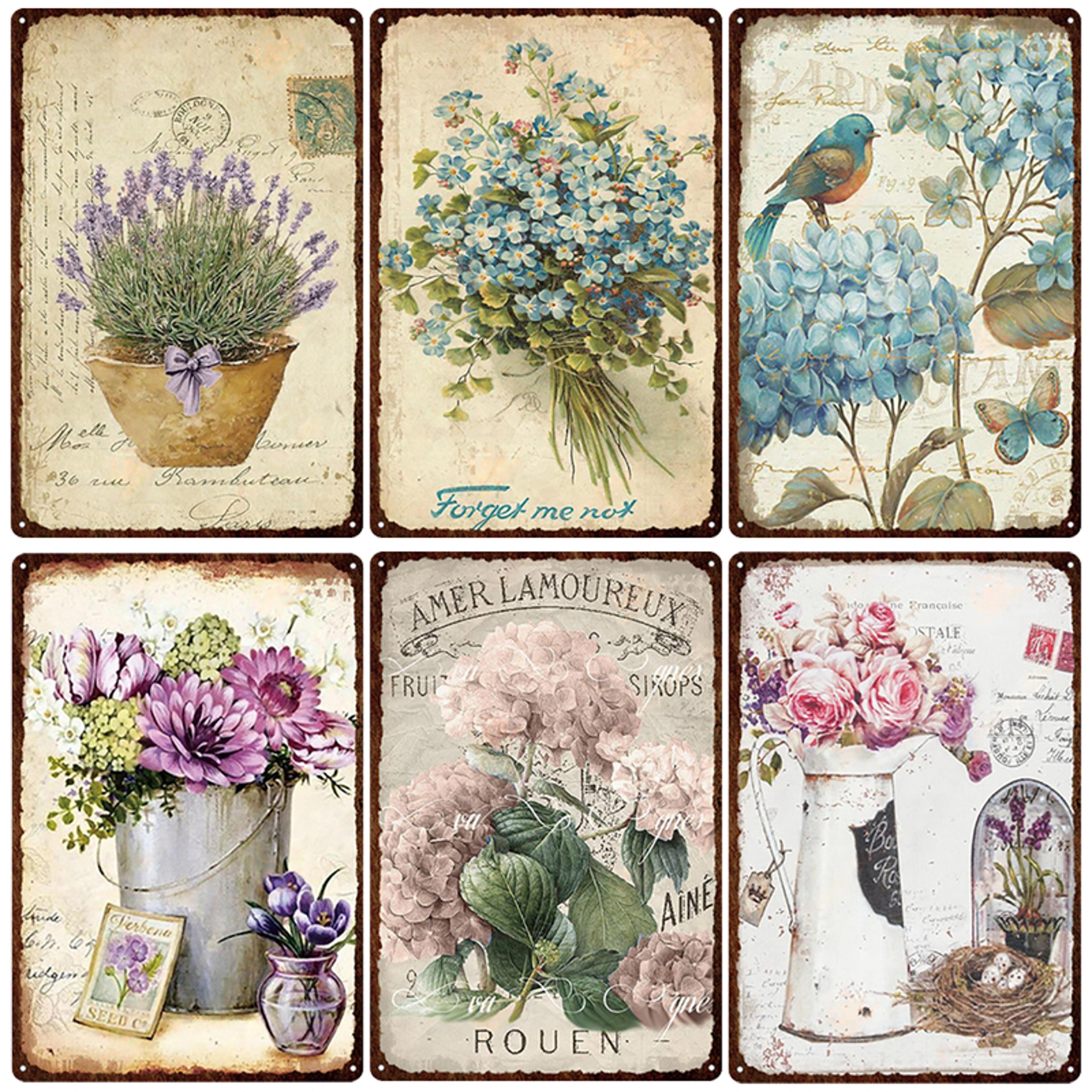 flowers metal tin sign, retro plates rose peony lavender art plaque, vintage poster, garden room wall decor gift