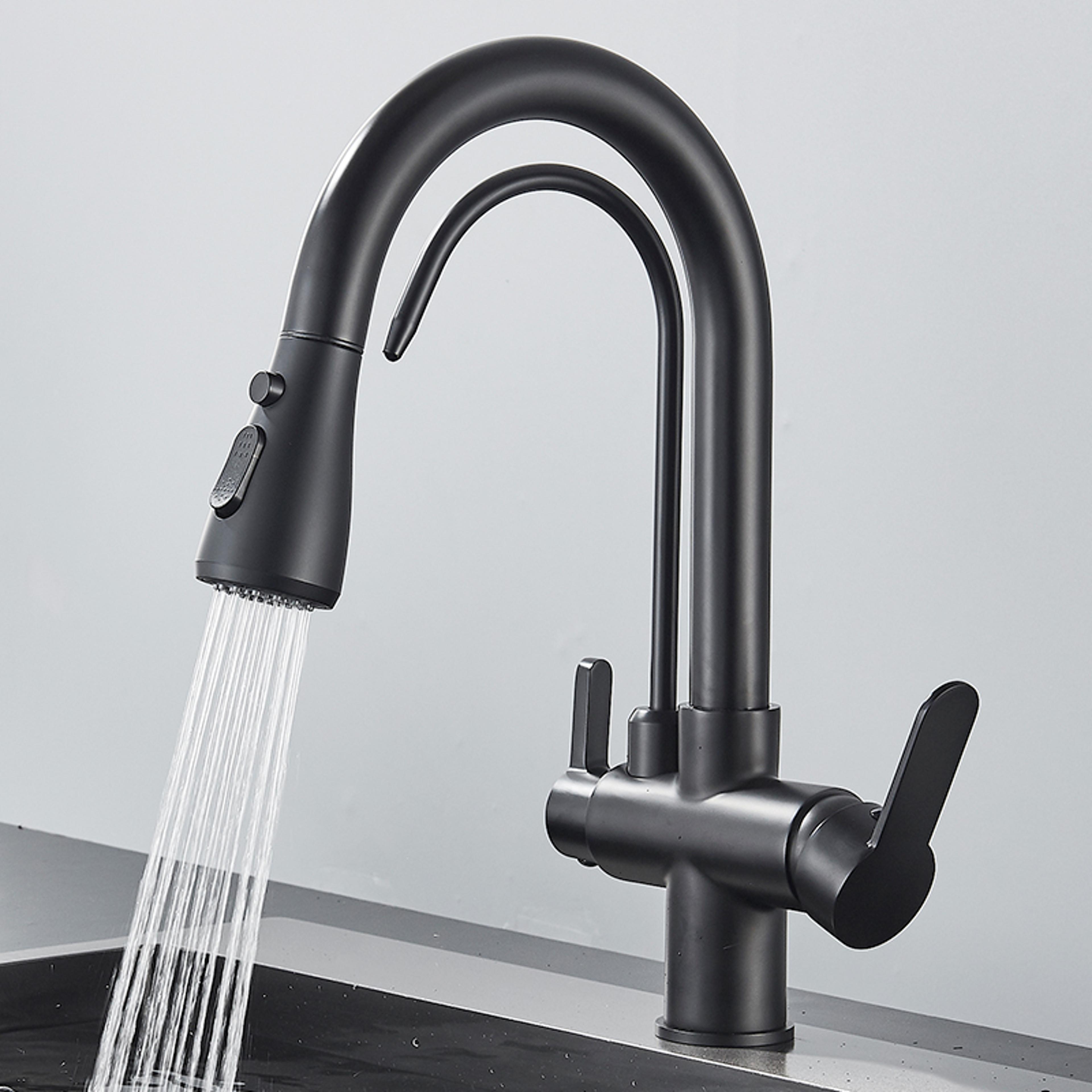 Matte Black Filtered Crane Kitchen Faucet Pull Out Spray Rotation Water Filter Tap Three Ways Sink  1