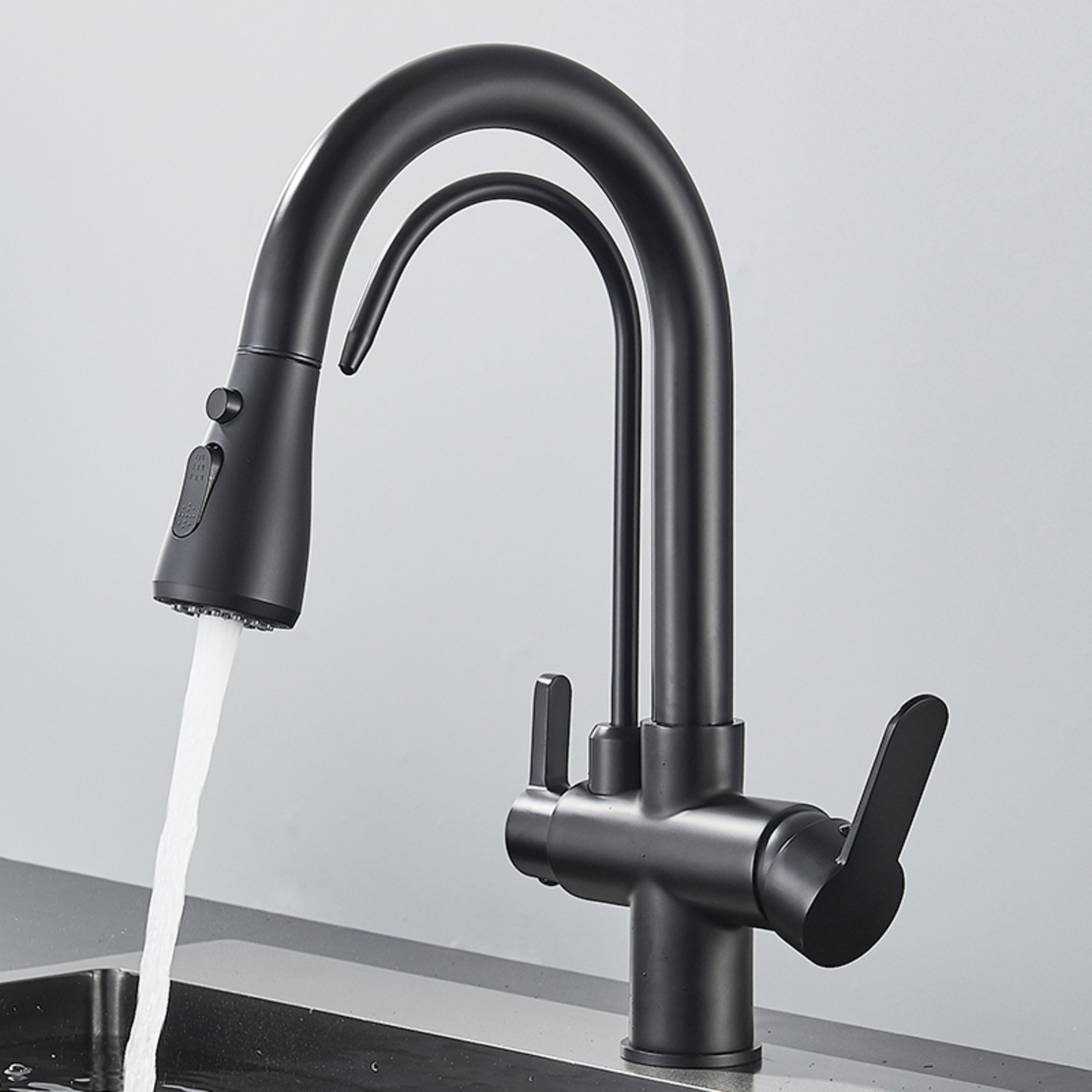 Matte Black Filtered Crane Kitchen Faucet Pull Out Spray Rotation Water Filter Tap Three Ways Sink  2