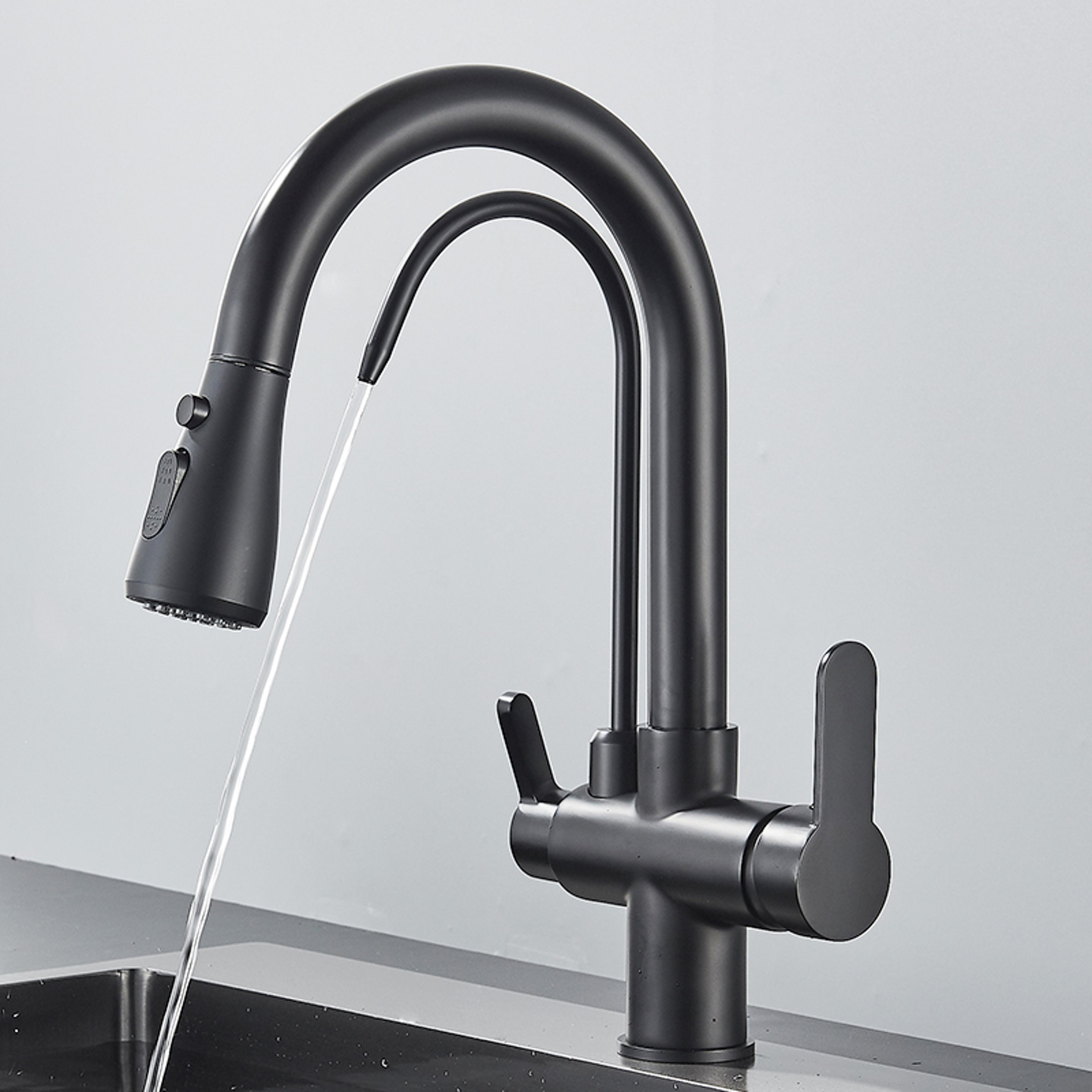 Matte Black Filtered Crane Kitchen Faucet Pull Out Spray Rotation Water Filter Tap Three Ways Sink  3