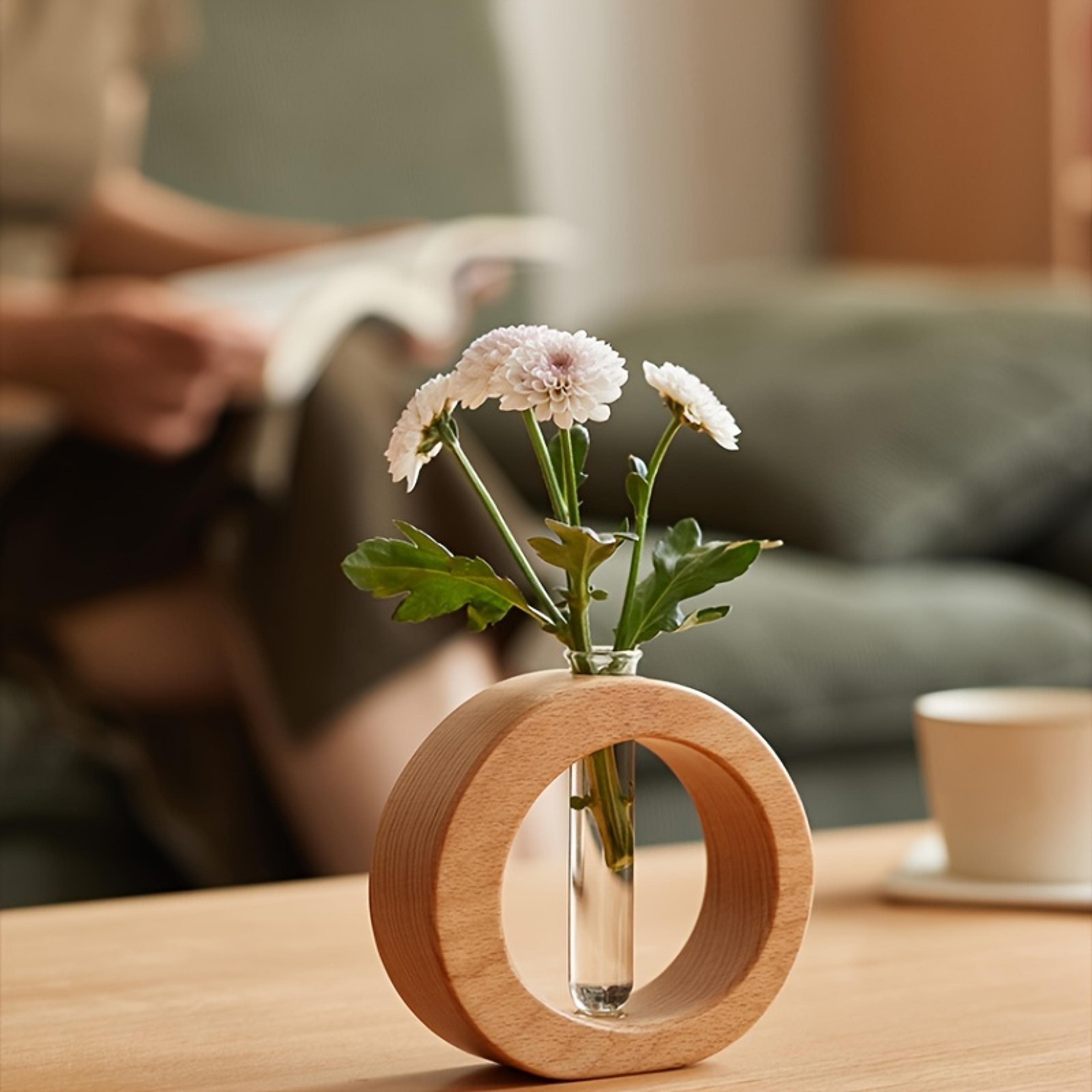 round hydroponic vase with wooden base decorative glass flower vase for desk and home