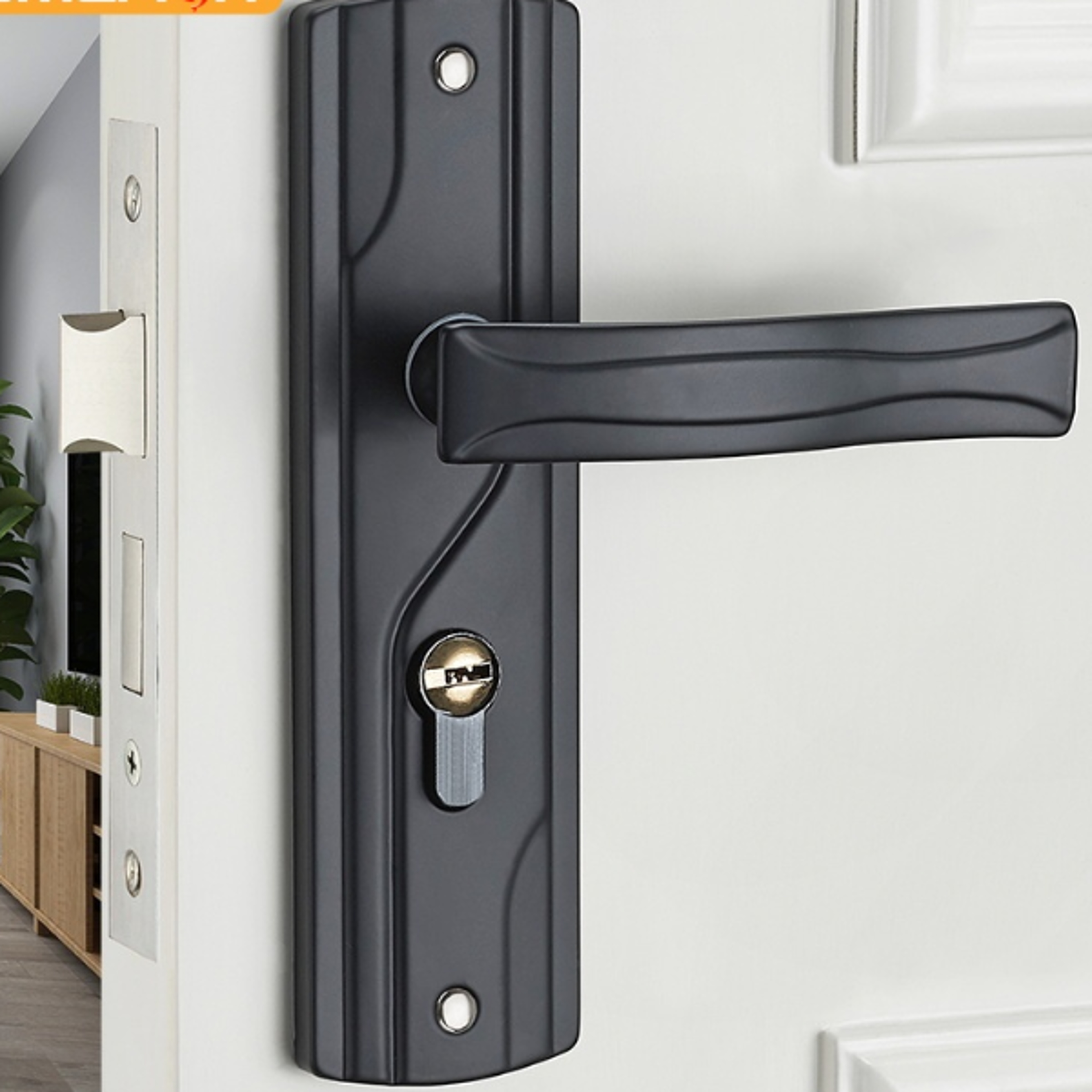 black door handle lock with keys, silent manganese steel lever set