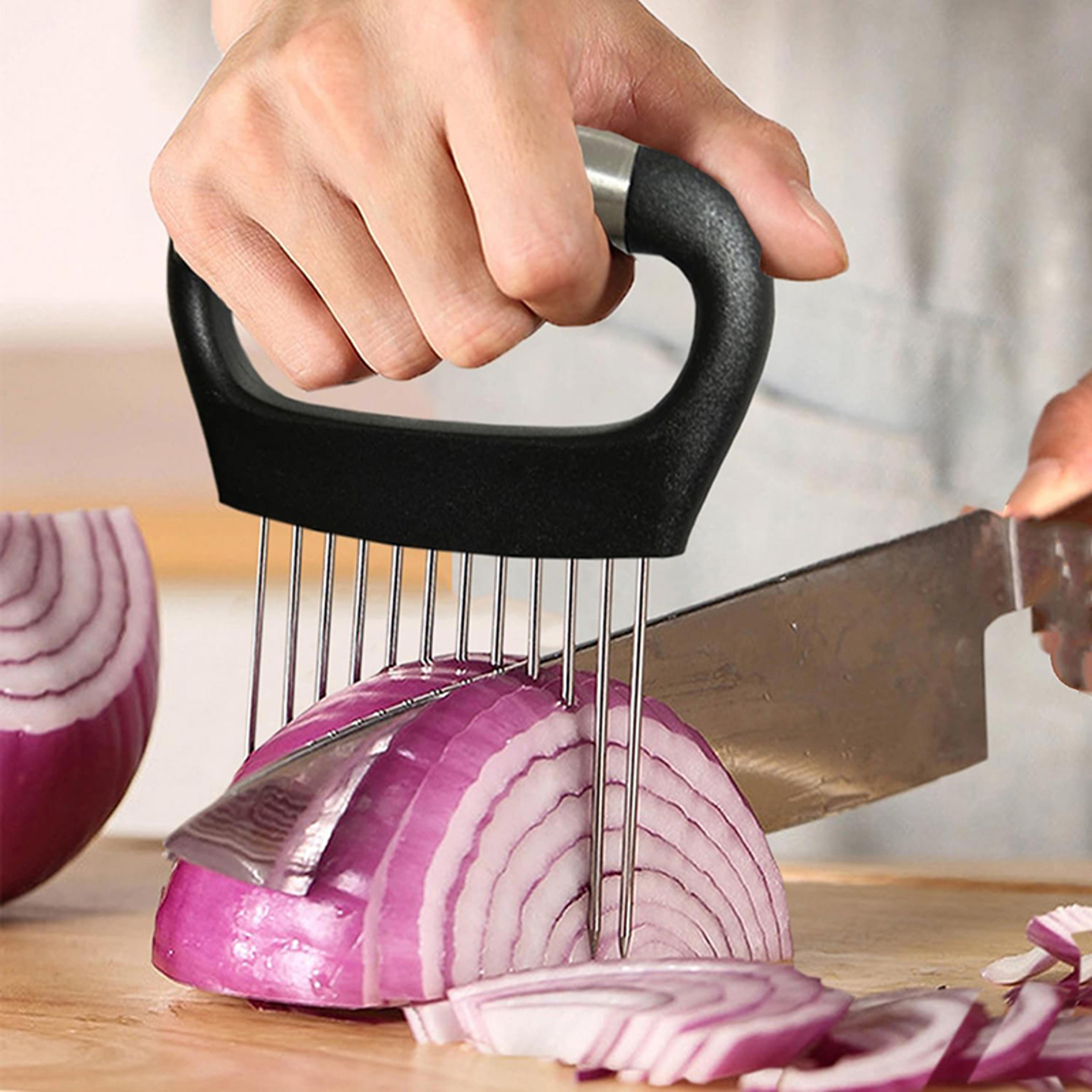 stainless steel onion cutter holder vegetable slicer, tomato & potato cutting fork kitchen tool