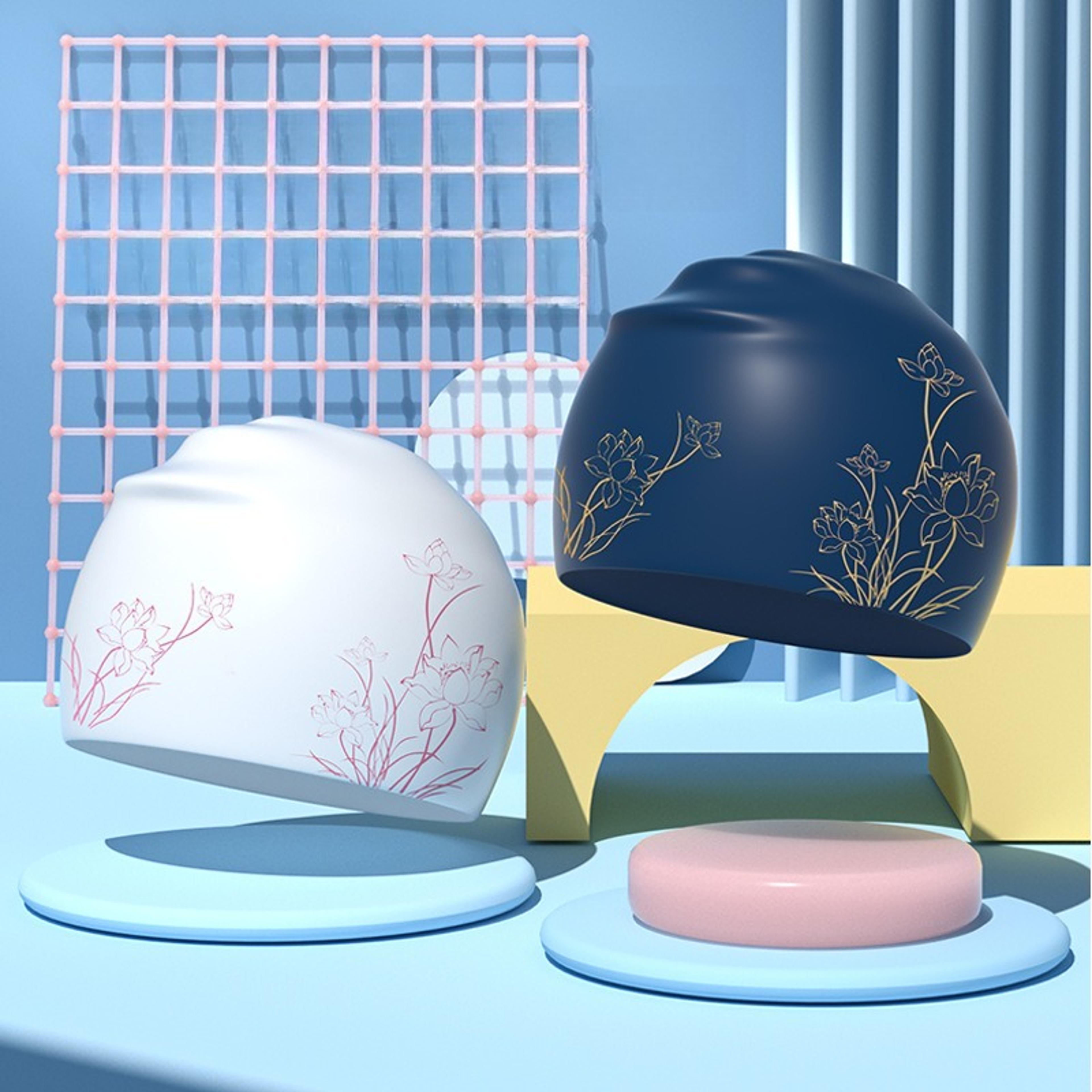 Lotus Print Silicone Swim Cap For Long Hair With Ear Protection 1
