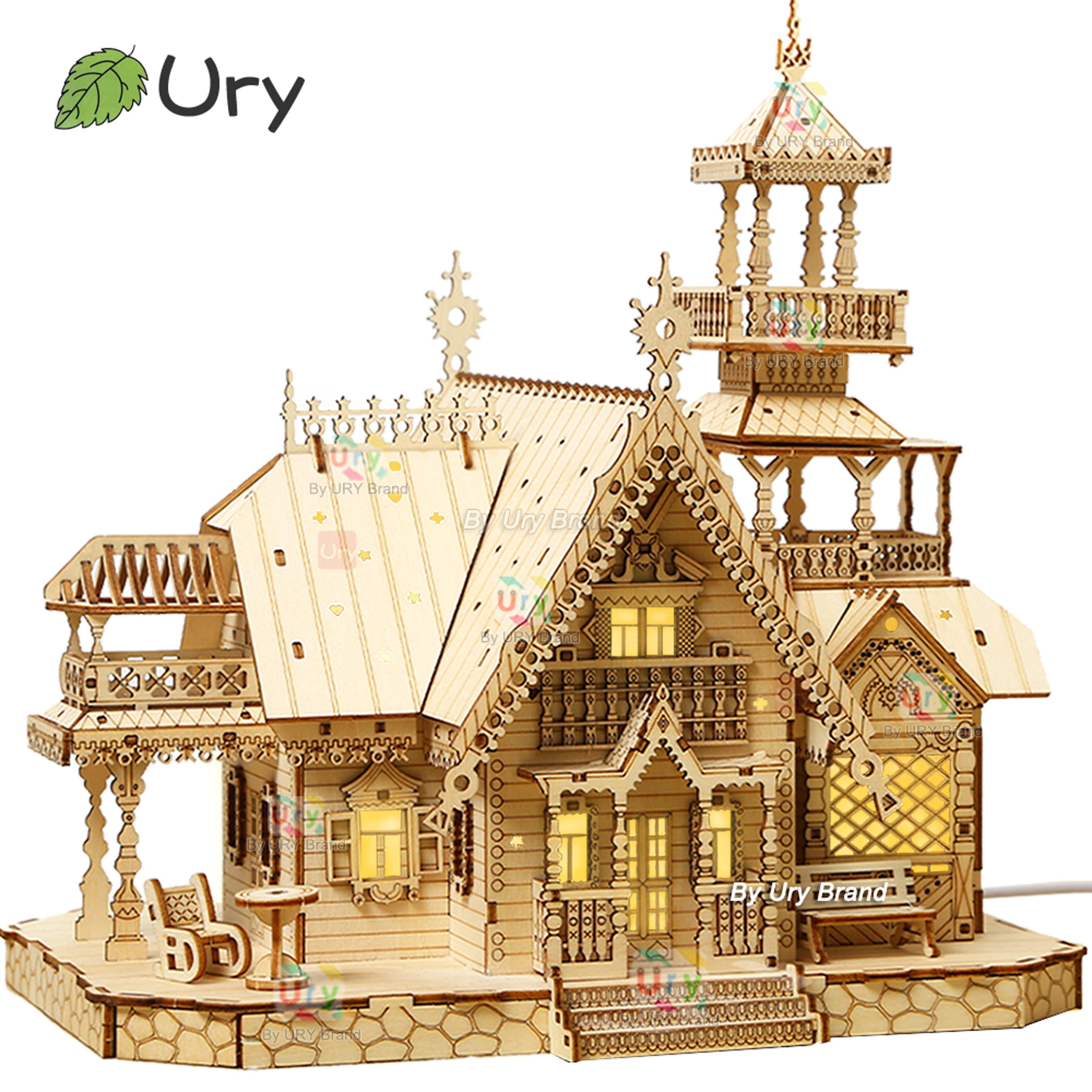 3d wooden puzzle villa house royal castle with led lights, diy model kit for kids & adults, creative desk decoration