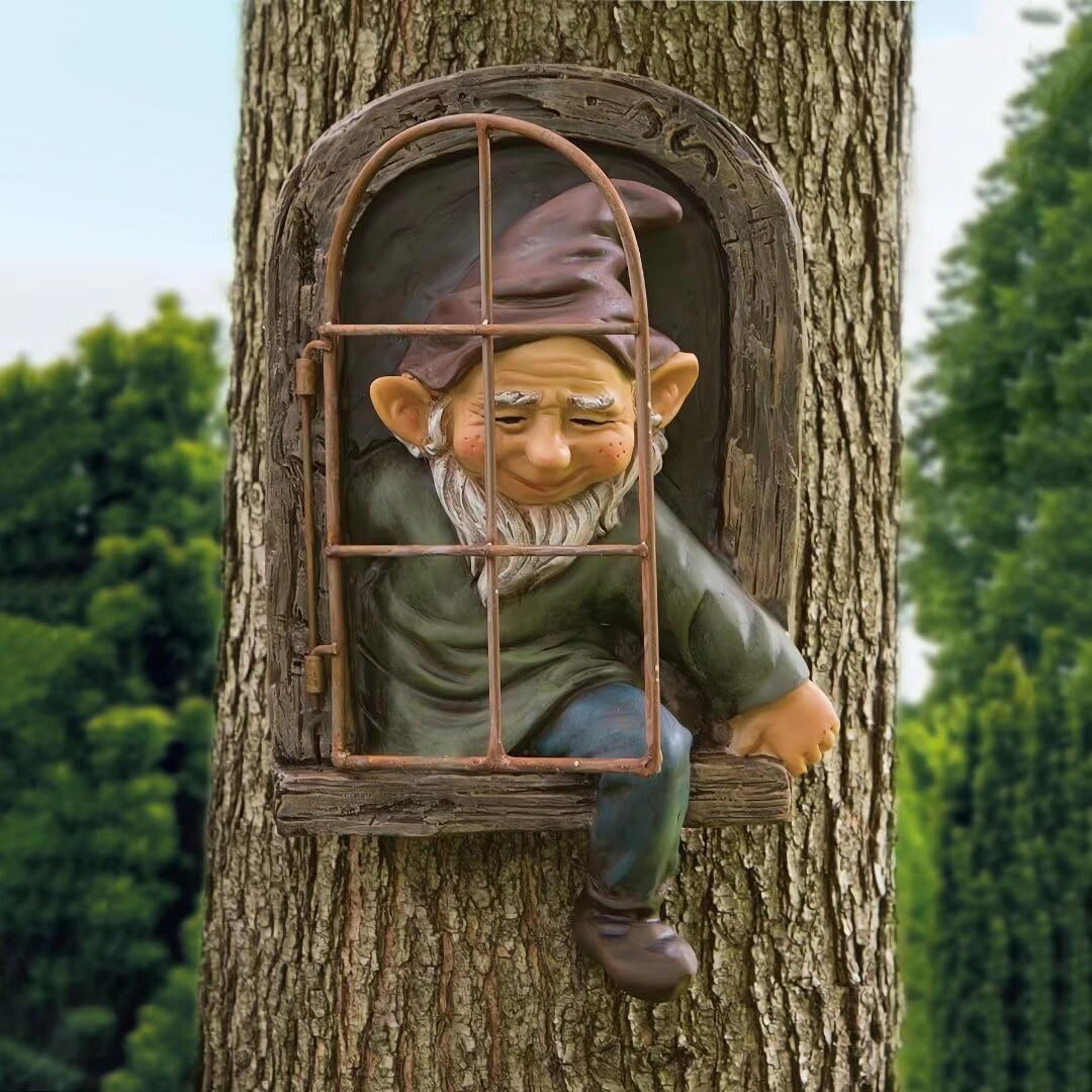 elf out the door, window tree hugger naughty garden gnome statue whimsical outdoor & indoor tree decor